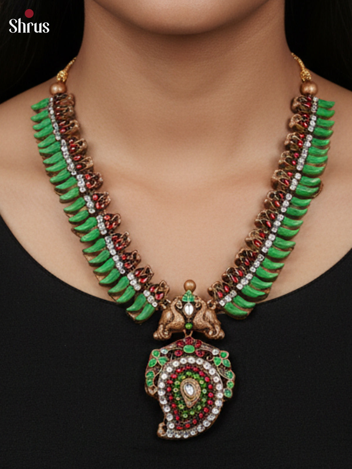Handmade Green Mottu beads with Paisley pendant Terracotta Set-EAJ30017