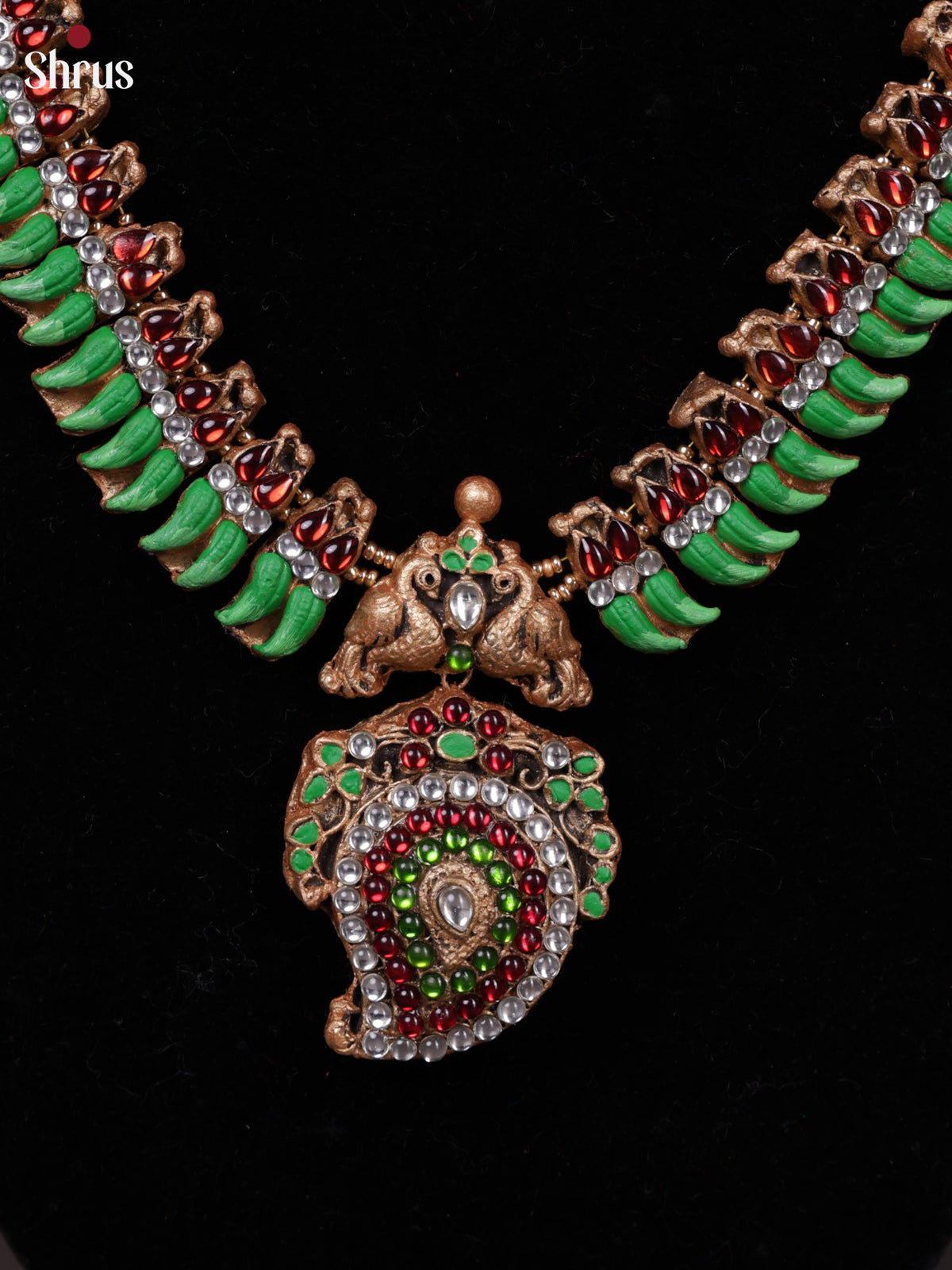 Handmade Green Mottu beads with Paisley pendant Terracotta Set-EAJ30017