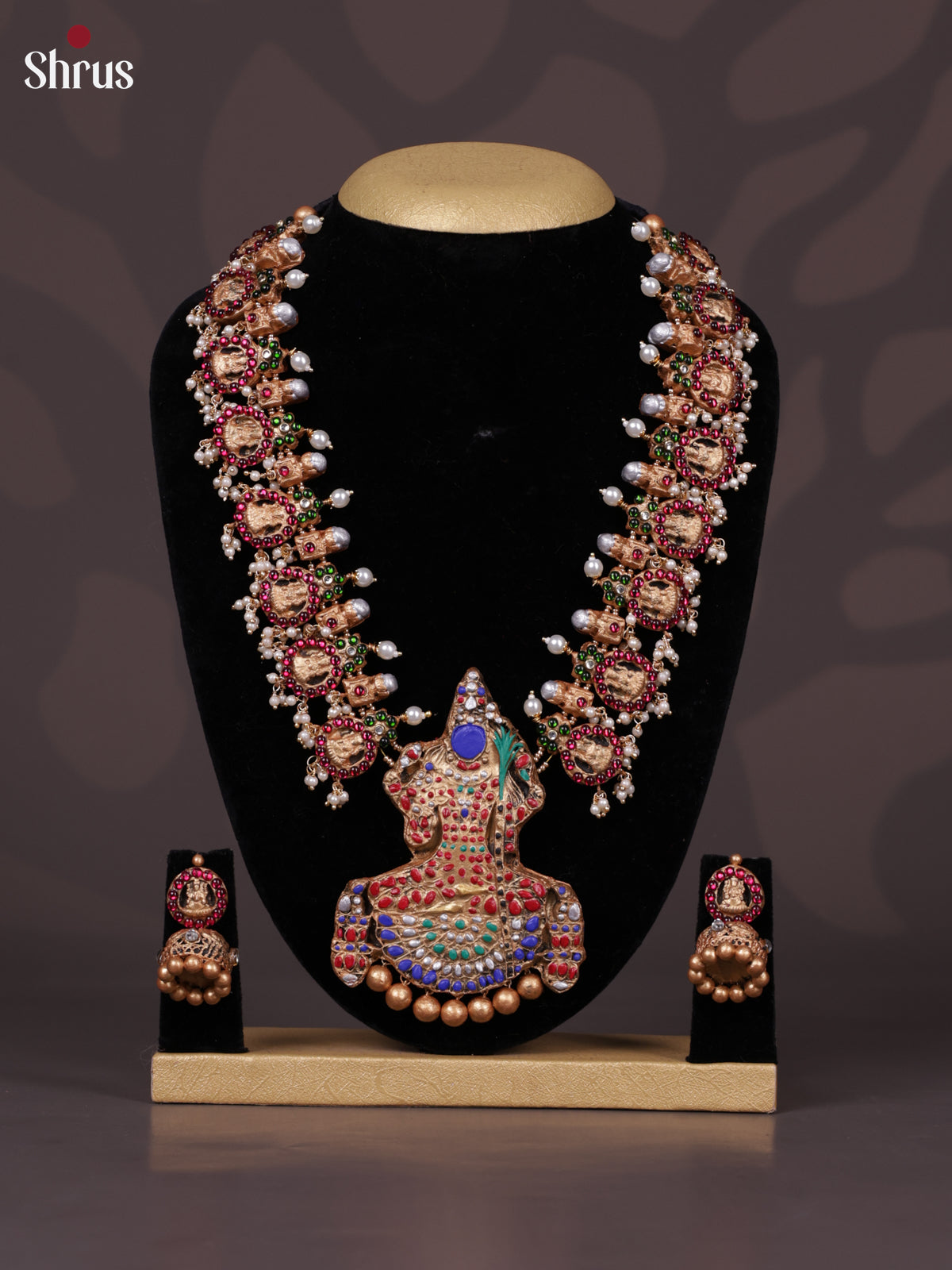 Divine Lakshmi motifs terracotta necklace with Kamakshi pendant - EAJ30031