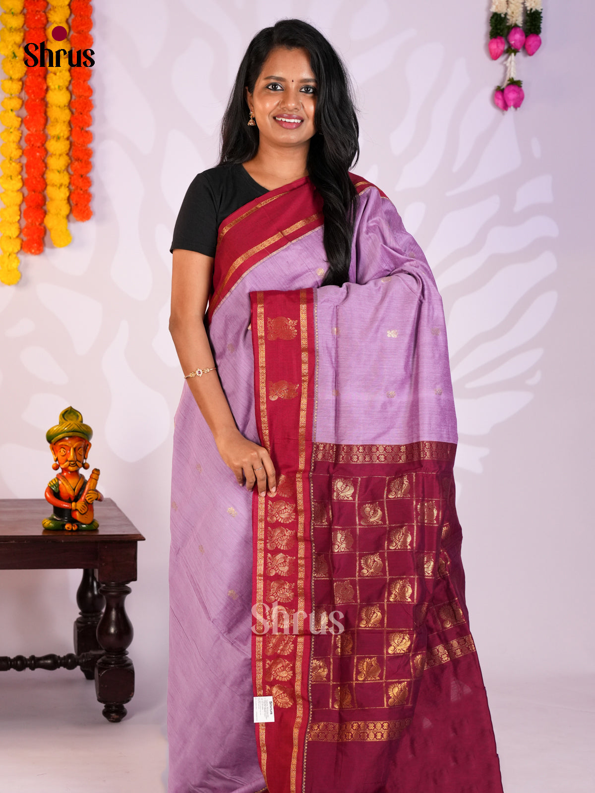 Lavender & Maroon- Kalyani Cotton Saree - Shop on Shrus.com