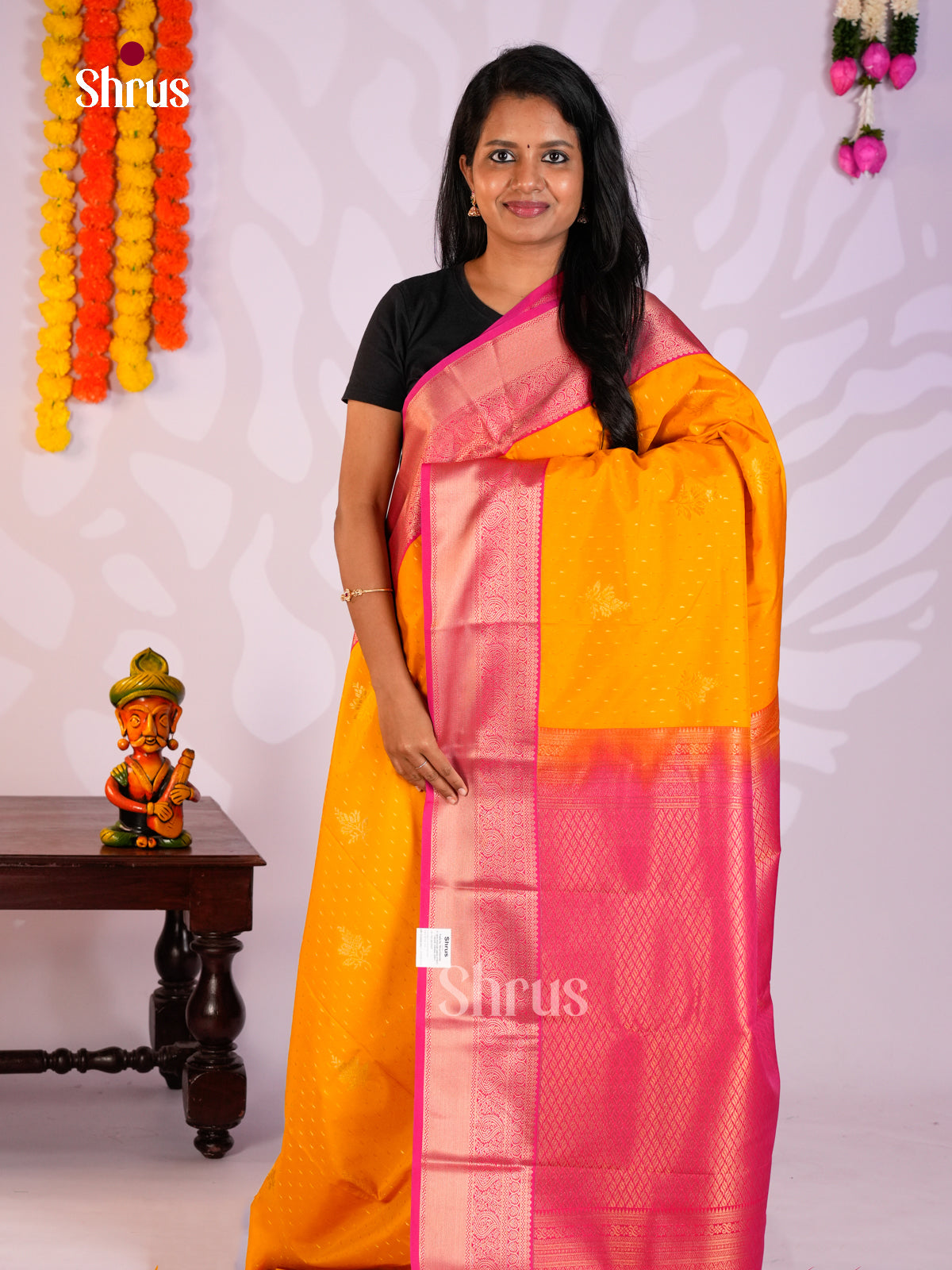 Mustard & Pink  - Semi Kanchipuram Saree- EAS05002 - Shop on Shrus.com