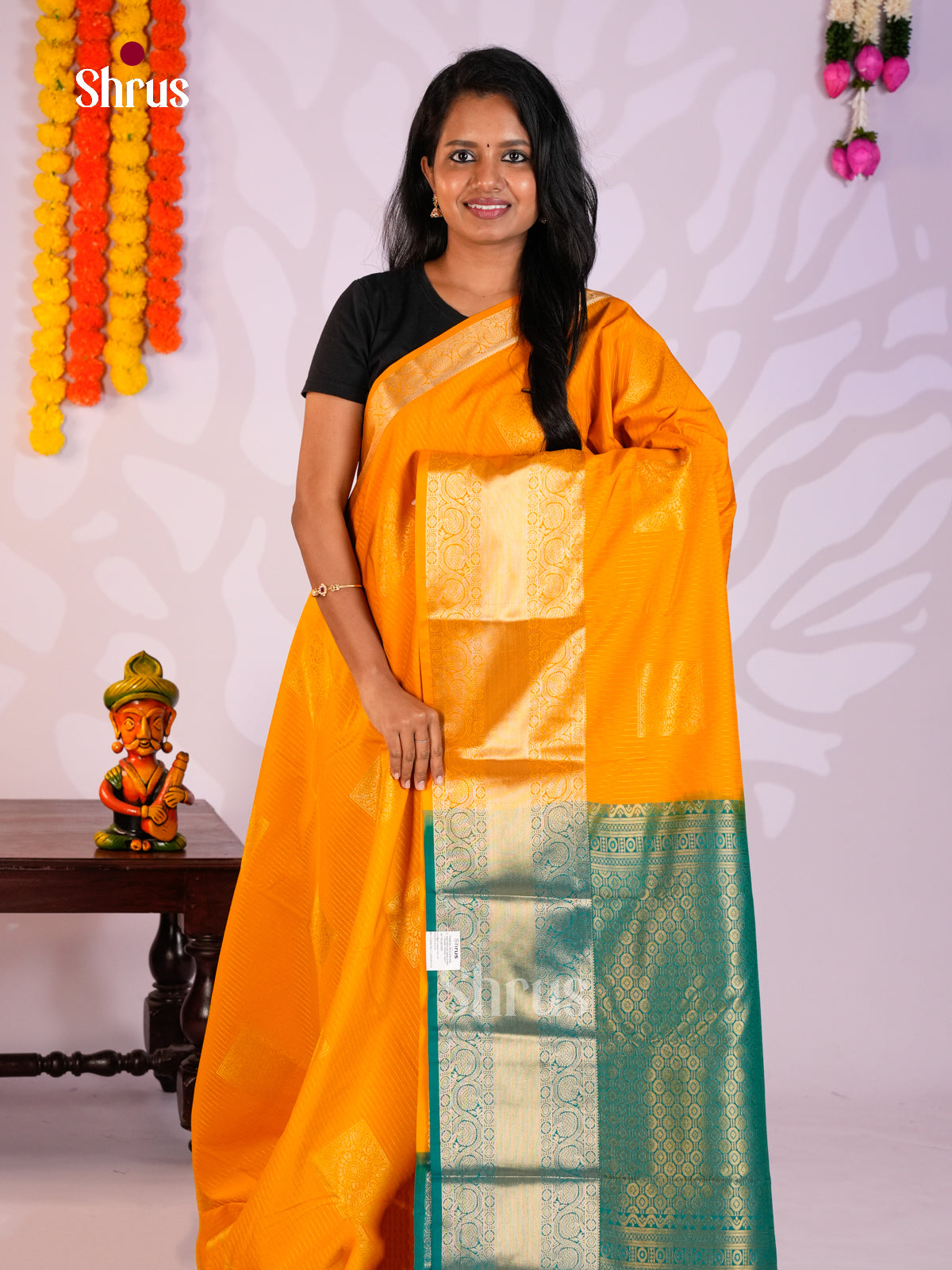 Mustard & Green - Semi Kanchipuram Saree - EAS05003 - Shop on Shrus.com