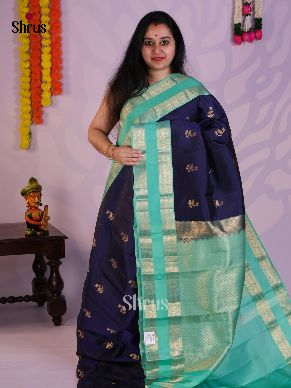 Blue & Teal  - Kanchipuram-halfpure Saree- EAS08286 - Shop on Shrus.com