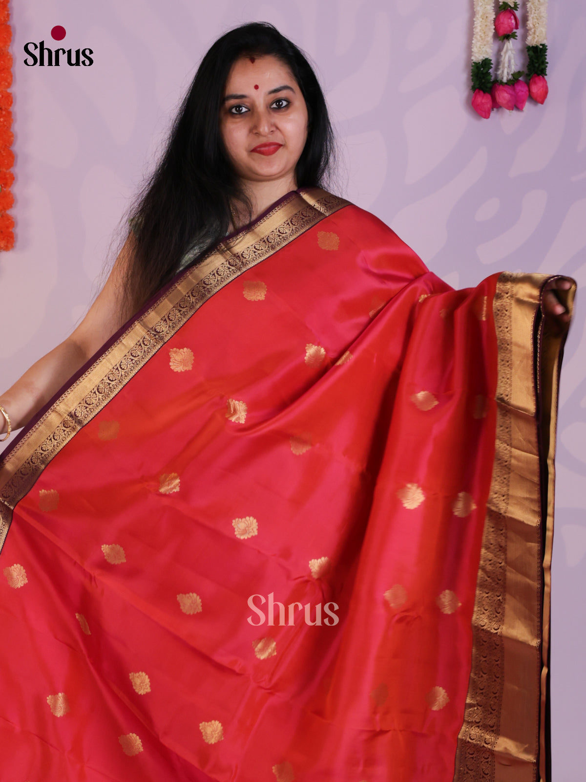 Orangish Pink & Purple- Kanchipuram-halfpure Saree -EAS08289 - Shop on Shrus.com