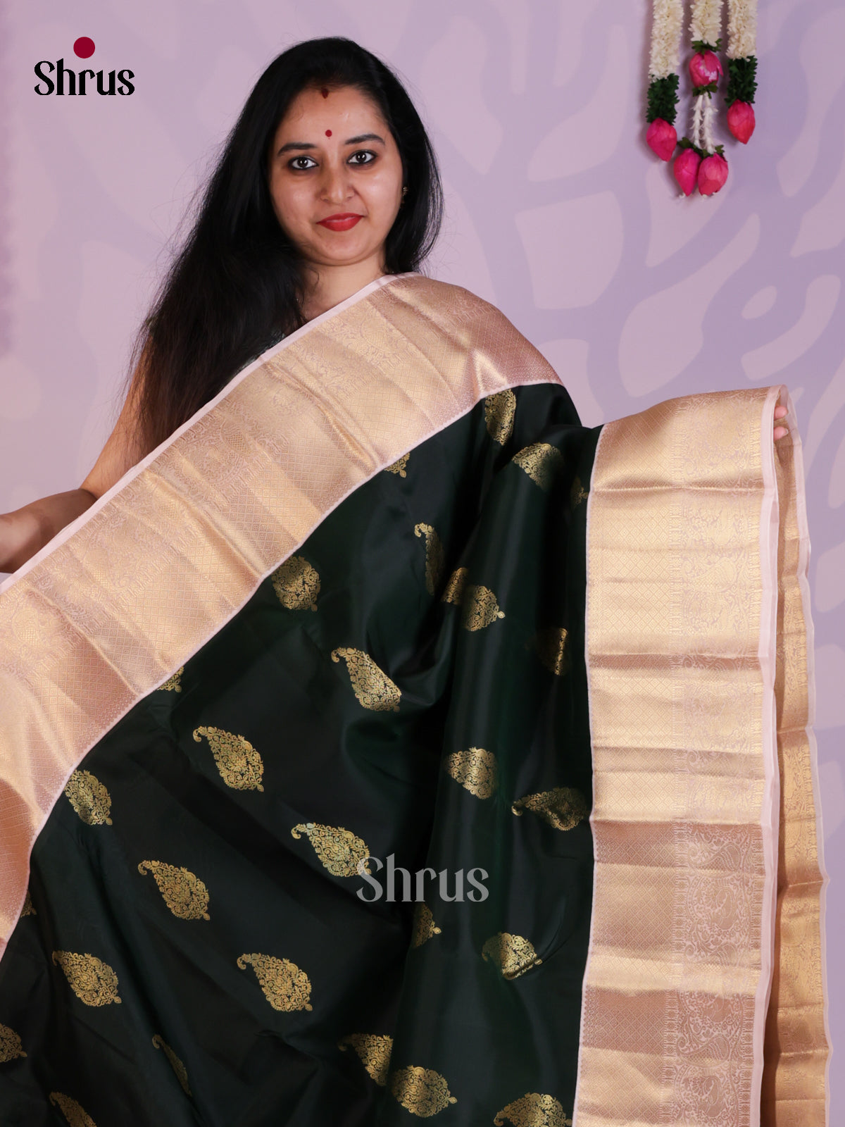 Dark Green & Dusty Pink - Kanchipuram-halfpure Saree- EAS08293 - Shop on Shrus.com