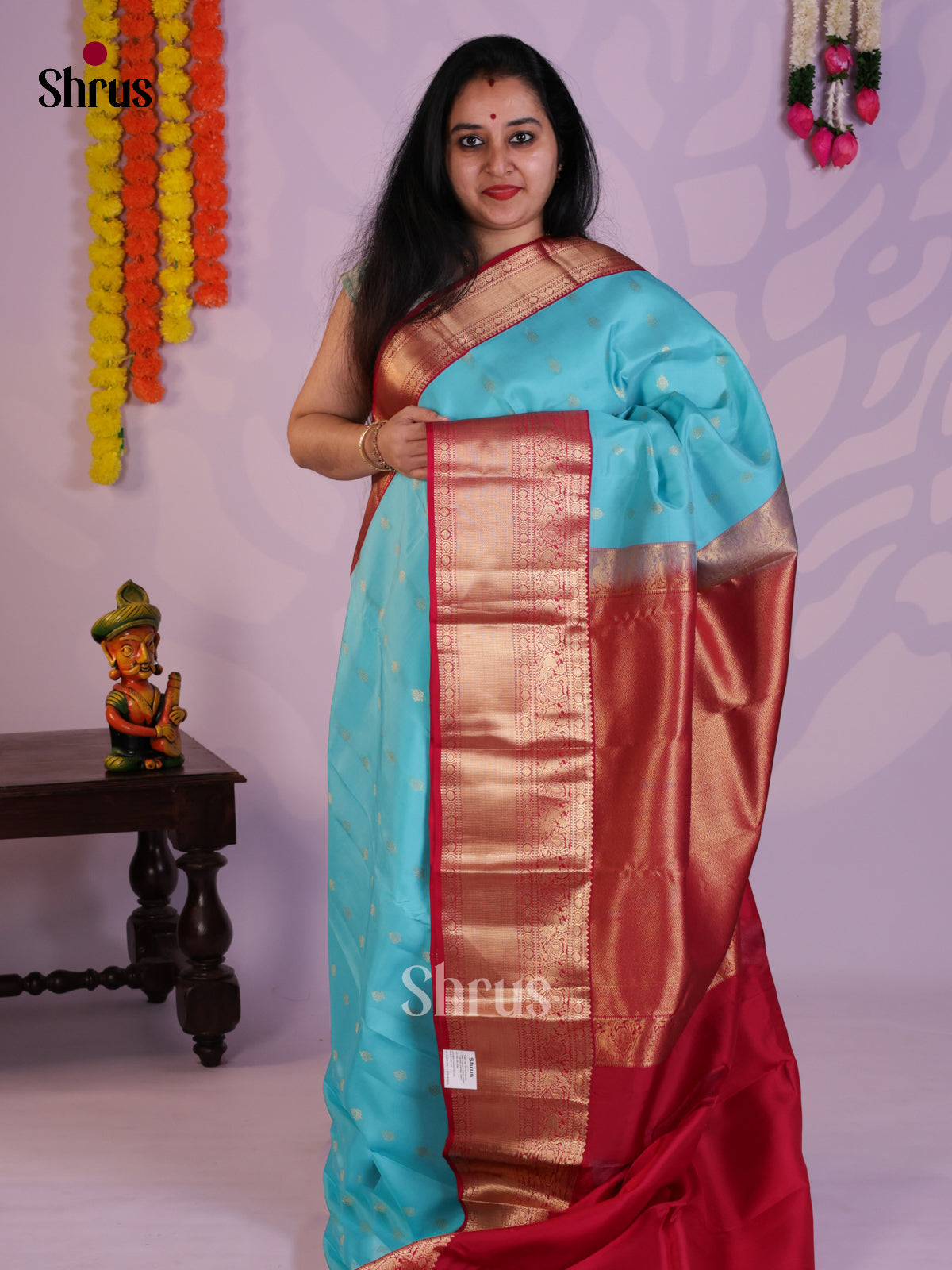 Sky Blue & Red - Kanchipuram-halfpure Saree- EAS08296 - Shop on Shrus.com