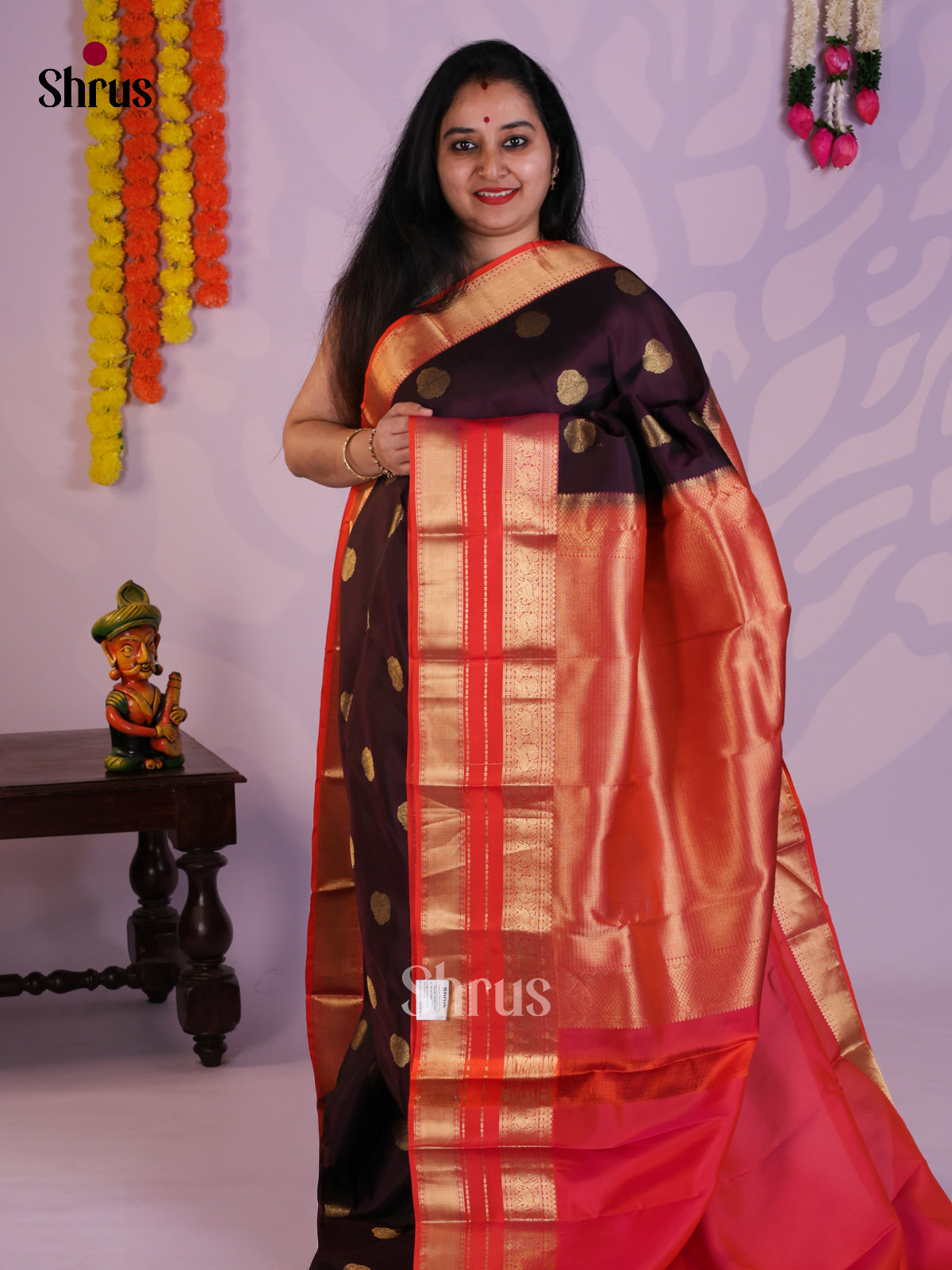 Jamun & Orange - Kanchipuram-halfpure Saree- EAS08298 - Shop on Shrus.com