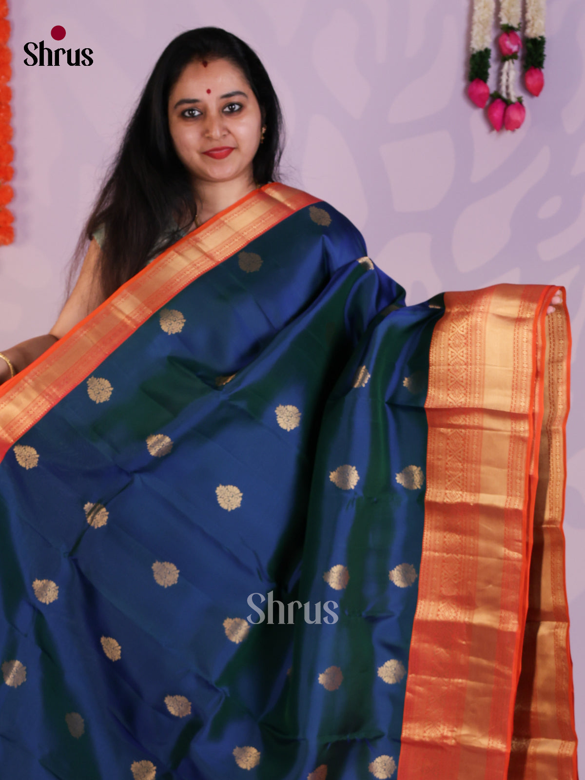 Peacock Blue & Orange - Kanchipuram-halfpure Saree- EAS08300 - Shop on Shrus.com