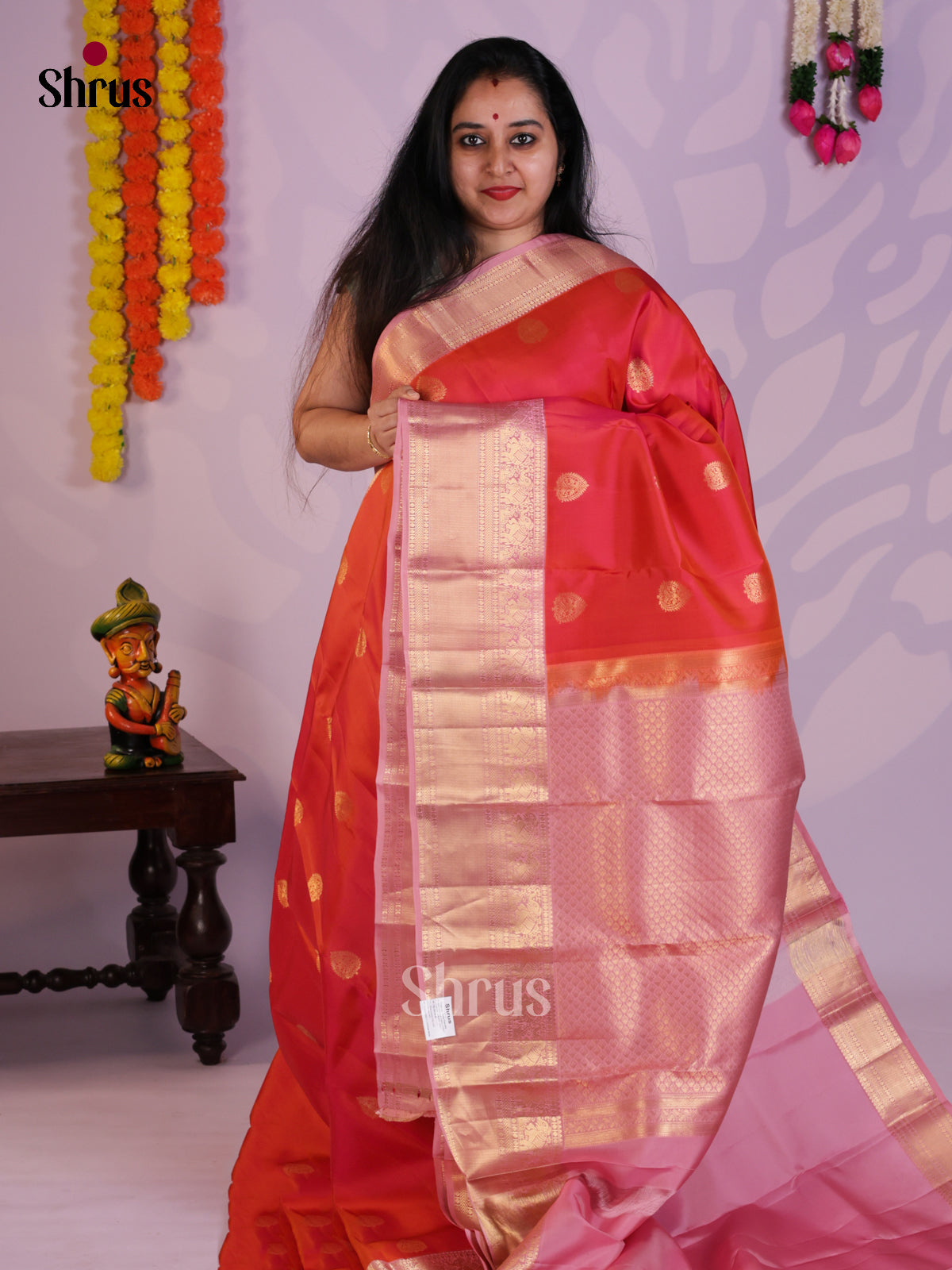 Orangish Pink & lavender - Kanchipuram-halfpure Saree-EAS08302 - Shop on Shrus.com