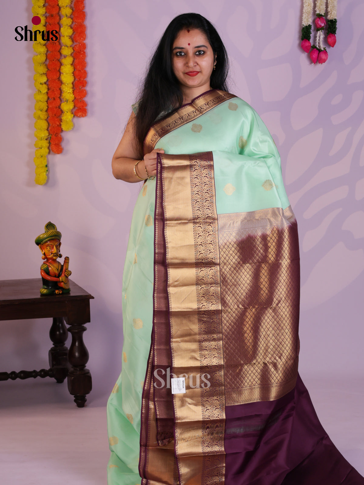 Sea Green & Purple  - Kanchipuram-halfpure Saree- EAS08304 - Shop on Shrus.com