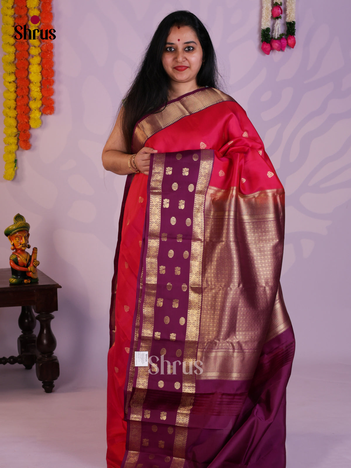 Orangish Pink & Purple - Kanchipuram-halfpure Saree- EAS08307 - Shop on Shrus.com