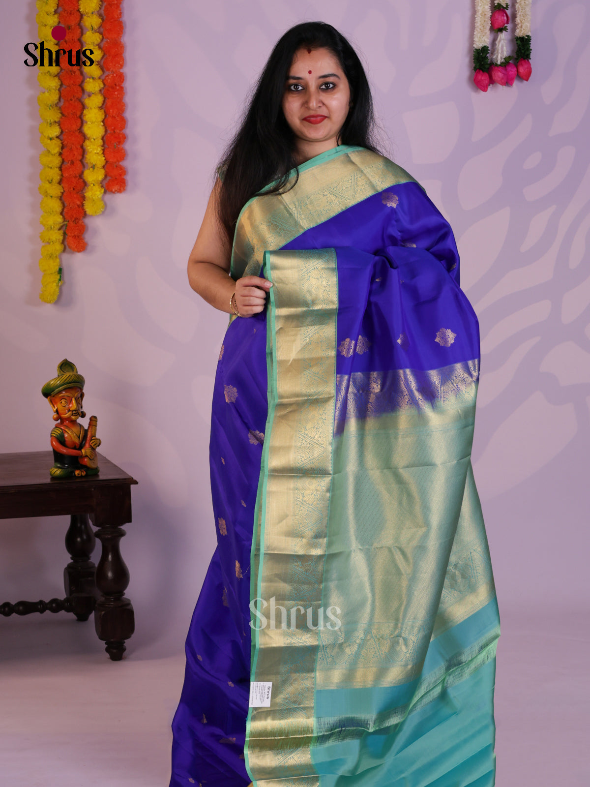 Blue & Teal  - Kanchipuram-halfpure Saree- EAS08312 - Shop on Shrus.com