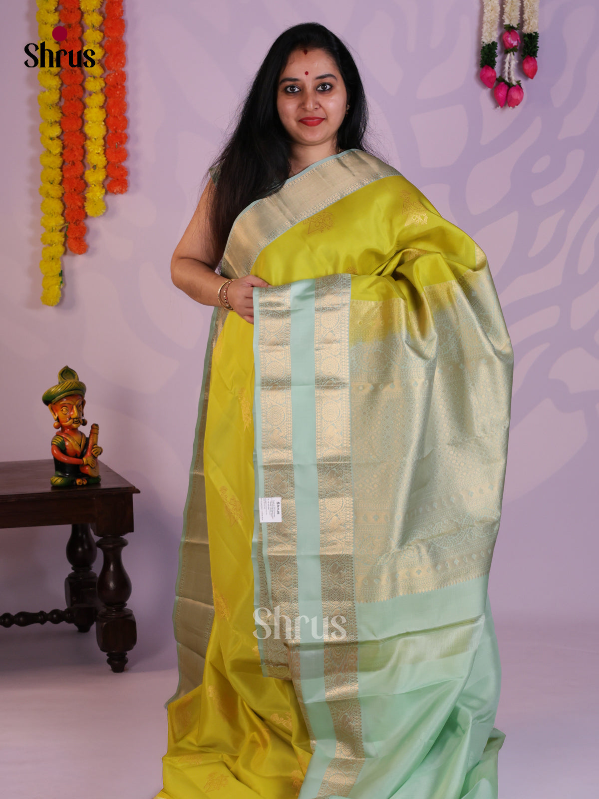 Lime Green & green - Kanchipuram-halfpure Saree - EAS08318 - Shop on Shrus.com
