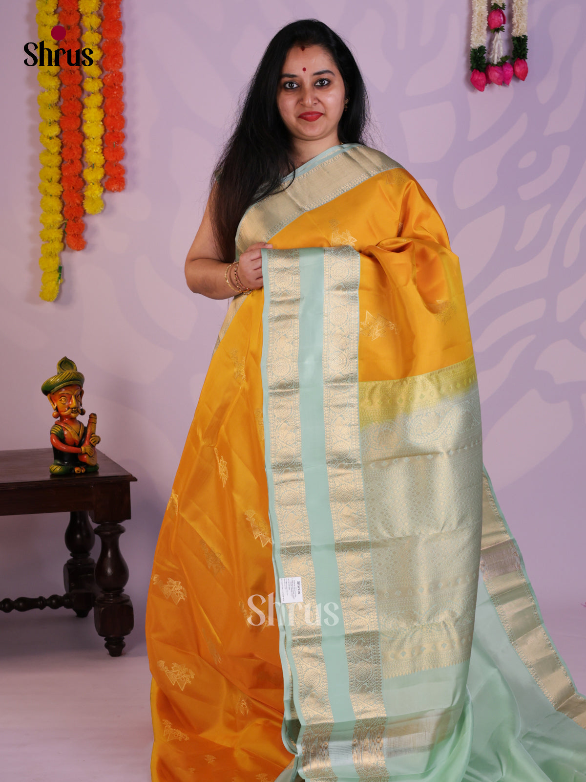 Mustard & ice Green - Kanchipuram-halfpure Saree- EAS08319 - Shop on Shrus.com