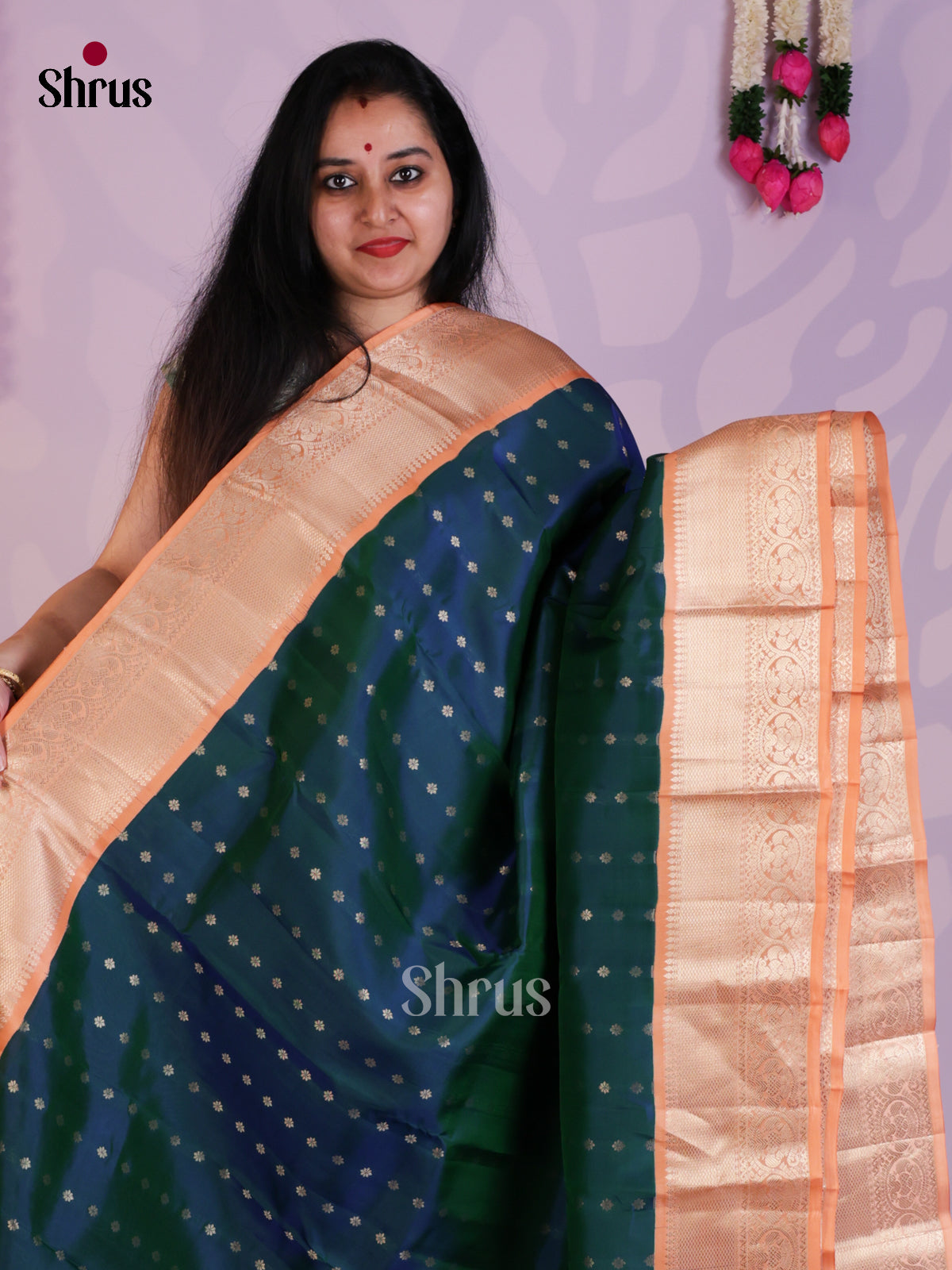 Peacock Green & Peach - Kanchipuram-halfpure Saree - EAS08320 - Shop on Shrus.com