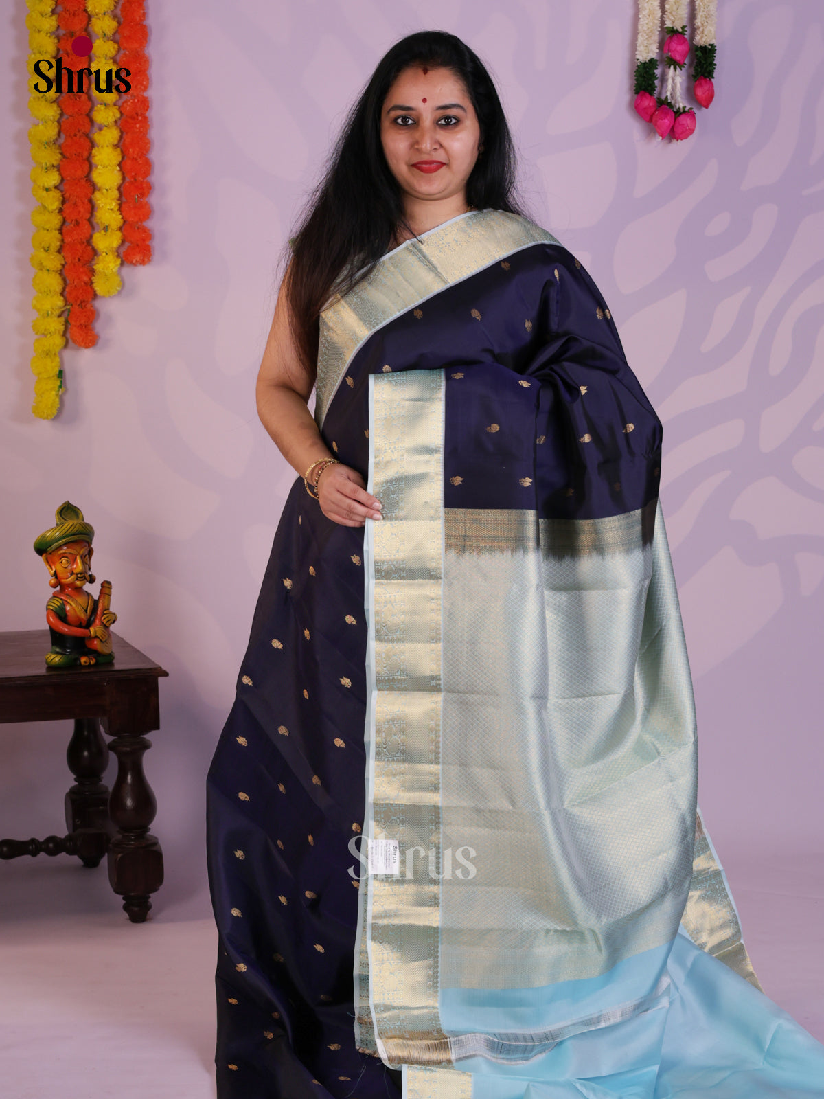 dark Blue & Ice Blue  - Kanchipuram-halfpure Saree- EAS08323 - Shop on Shrus.com