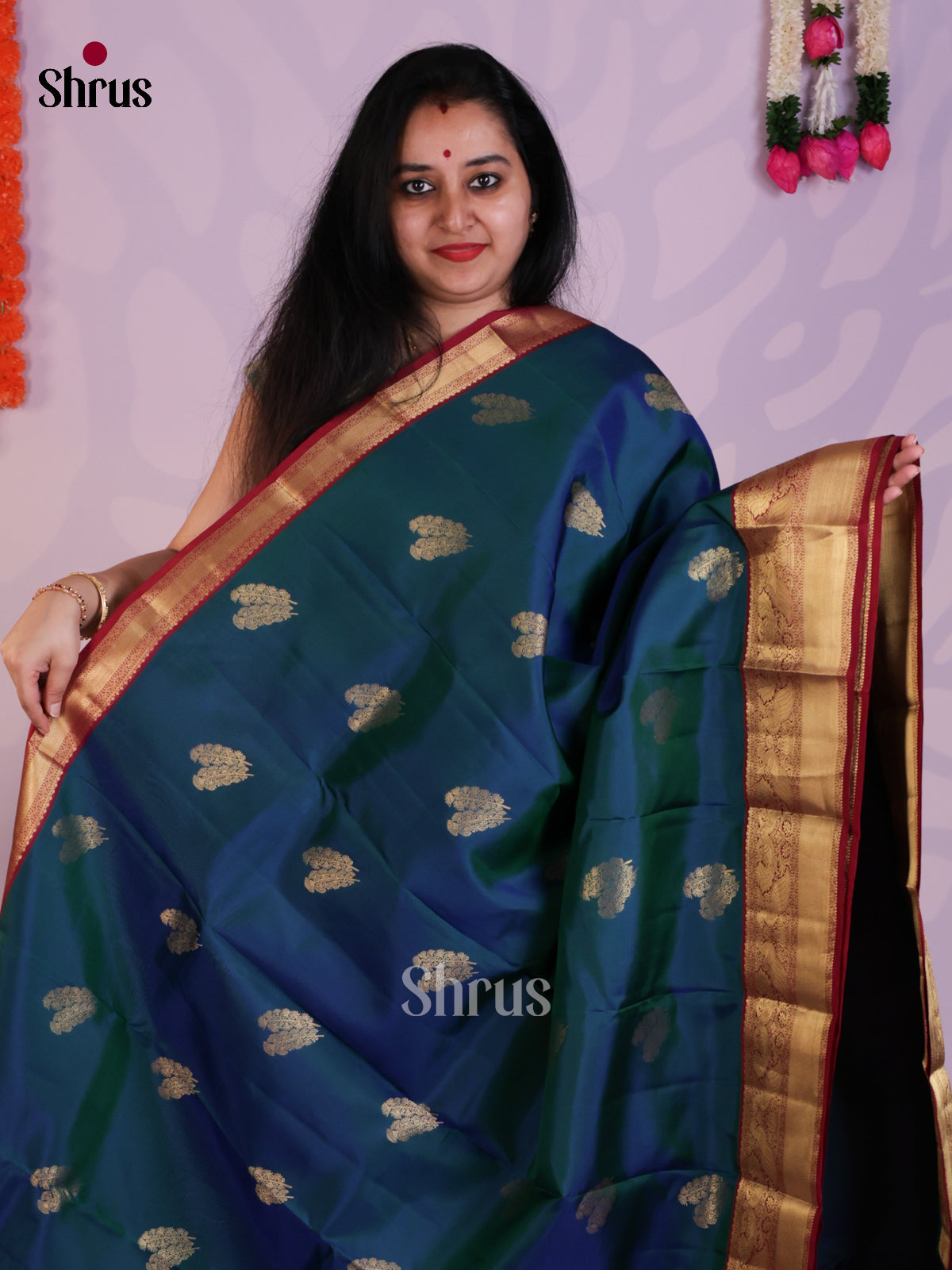Peacock Blue & Maroon - Kanchipuram-halfpure Saree -  EAS08328 - Shop on Shrus.com