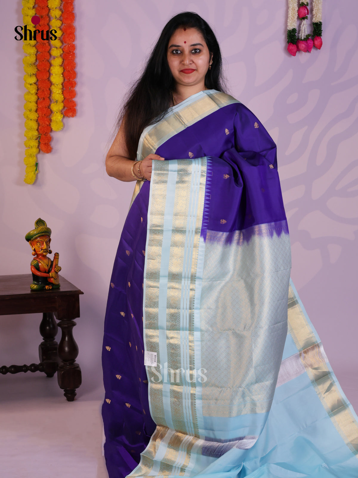 Blue & Ice Blue - Kanchipuram-halfpure Saree - EAS08329 - Shop on Shrus.com