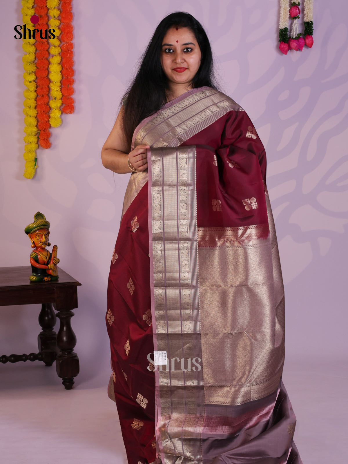 Wine & Mauve - Kanchipuram-halfpure Saree- EAS08333 - Shop on Shrus.com