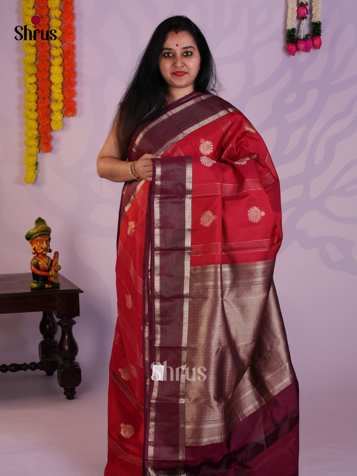 Red & maroon - Kanchipuram-halfpure Saree- EAS08335 - Shop on Shrus.com