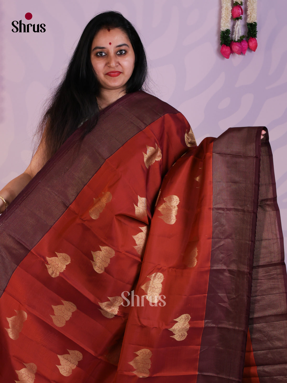 Rusty Orange & Brown - Kanchipuram-halfpure Saree- EAS08337 - Shop on Shrus.com