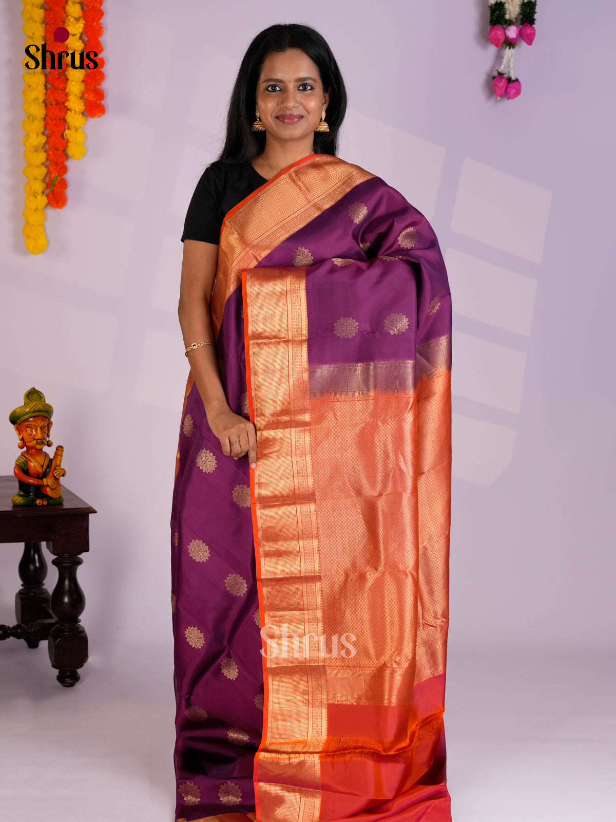 Purple &  Orange - Kanchipuram-halfpure Saree- EAS08344 - Shop on Shrus.com