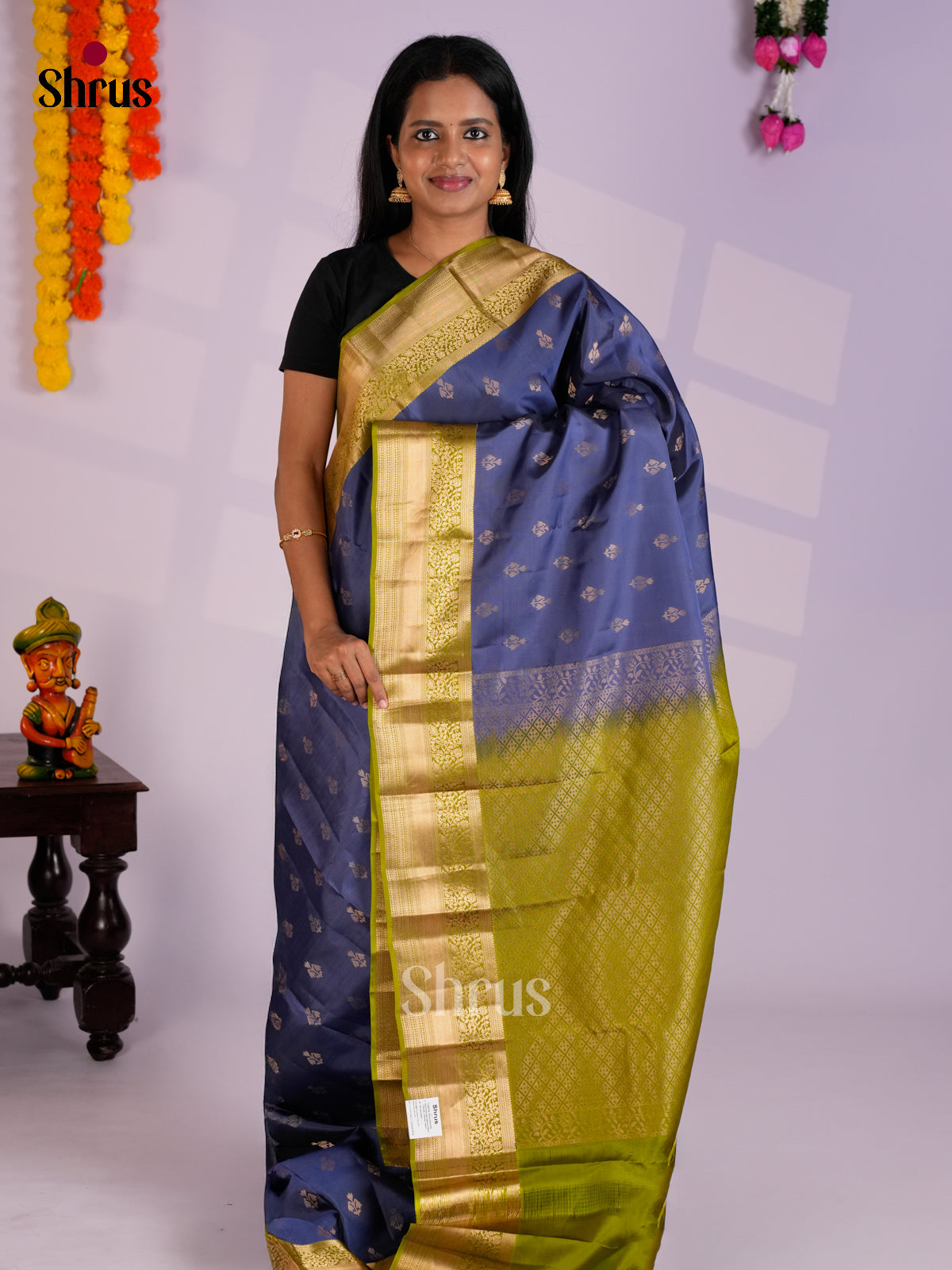Blue & Green  - Kanchipuram-halfpure Saree- EAS09018 - Shop on Shrus.com