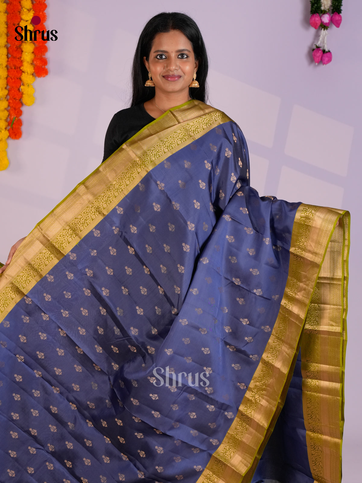 Blue & Green  - Kanchipuram-halfpure Saree- EAS09018 - Shop on Shrus.com