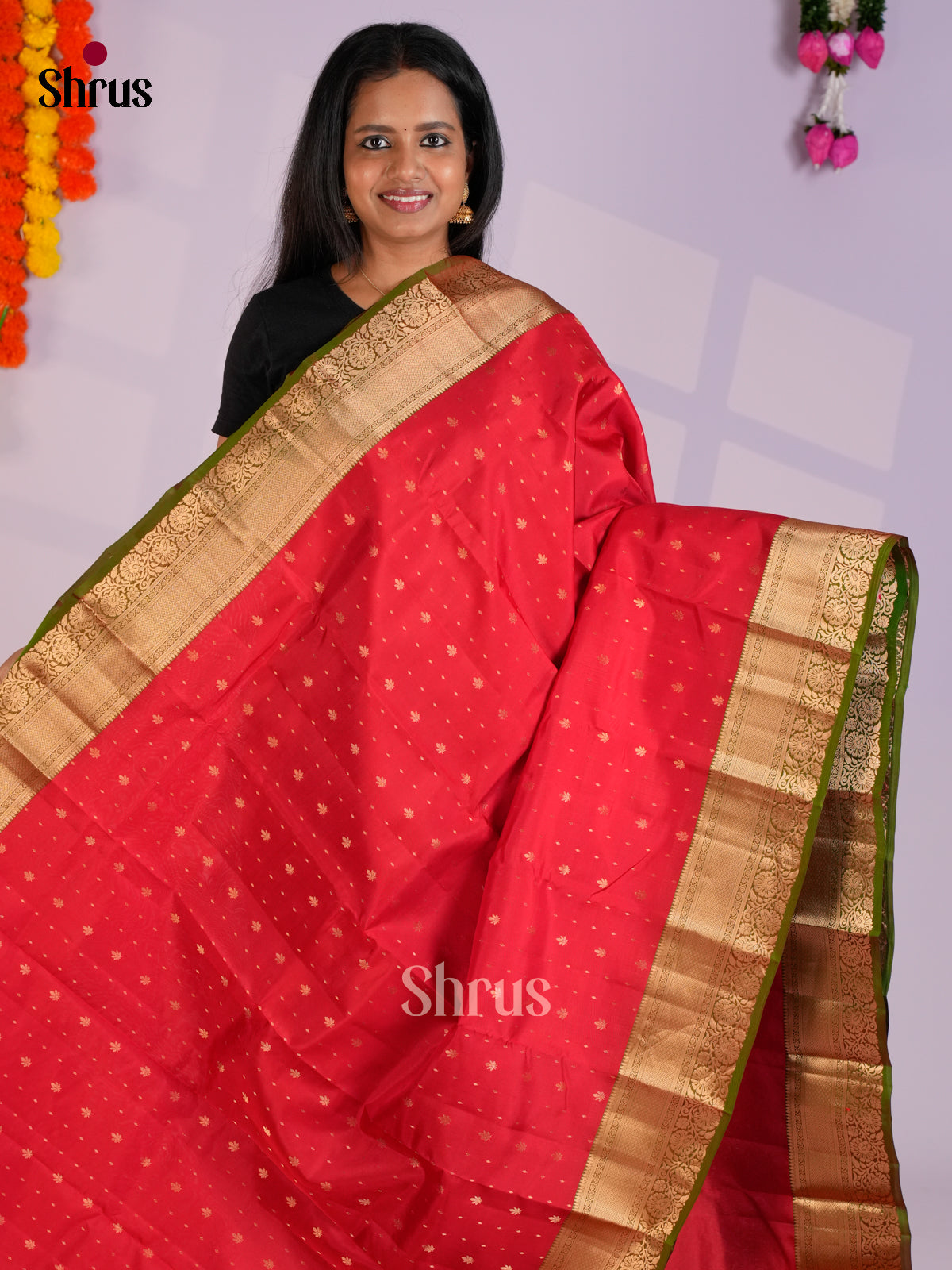 Orange & Green  - Kanchipuram-halfpure Saree- EAS09020 - Shop on Shrus.com