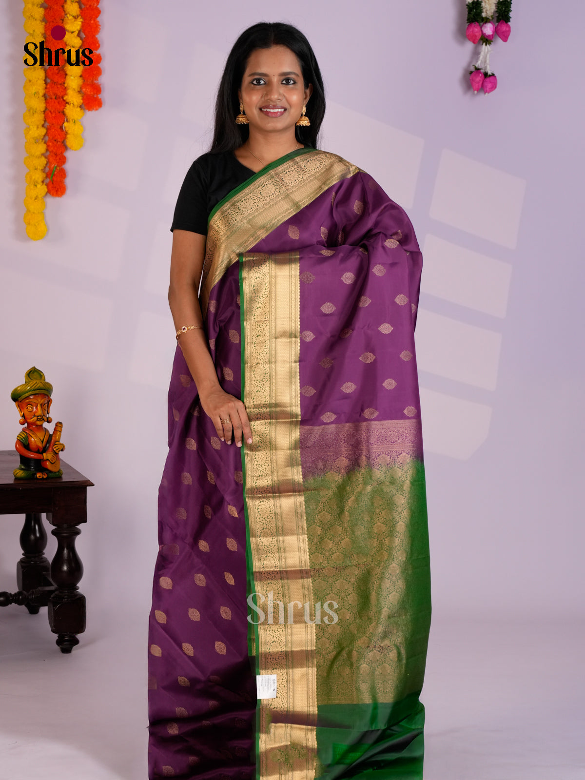 Purple & Green  - Kanchipuram-halfpure Saree- EAS09022 - Shop on Shrus.com