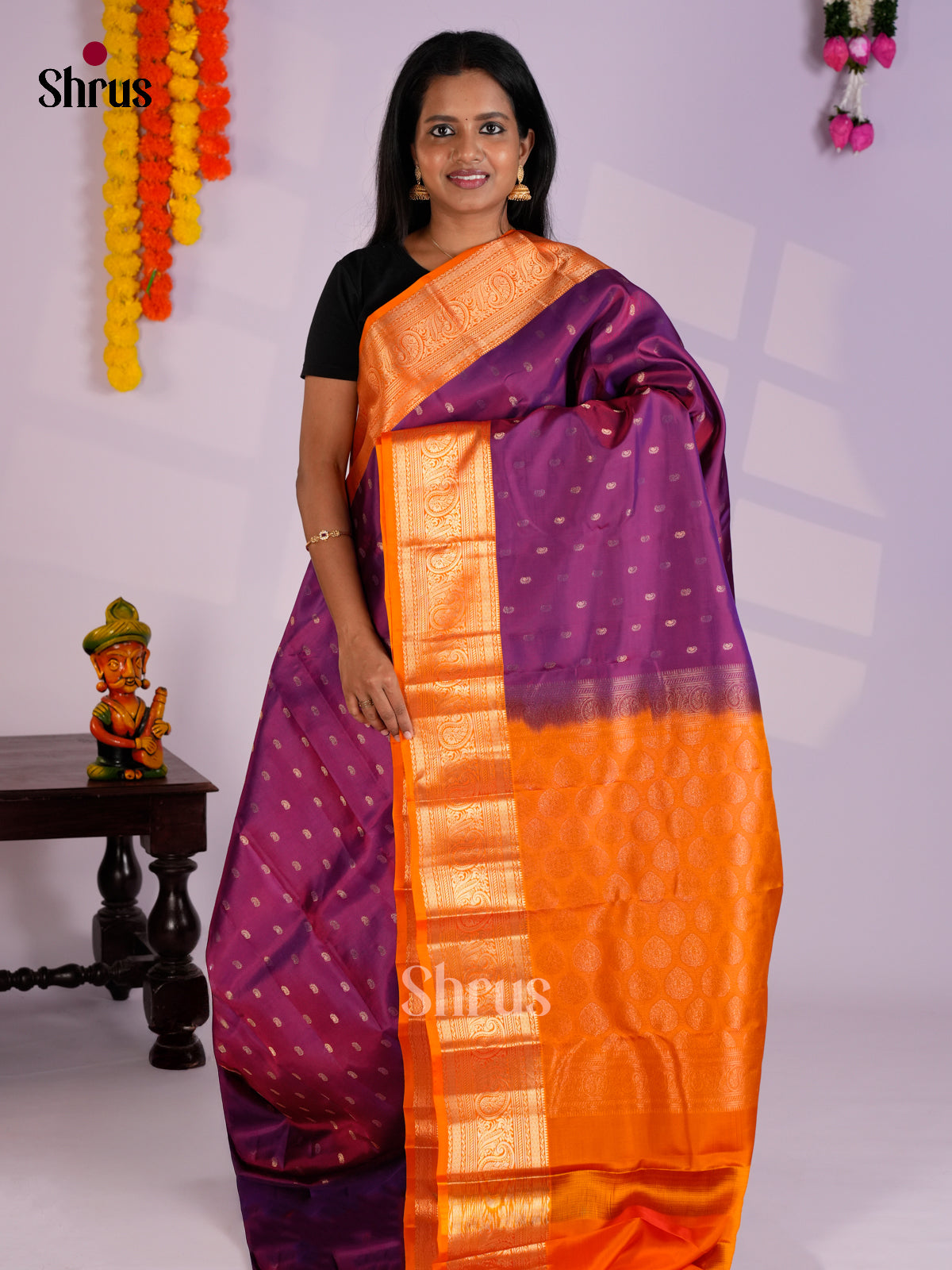 Purple & Orange  - Kanchipuram-halfpure Saree- EAS09028 - Shop on Shrus.com