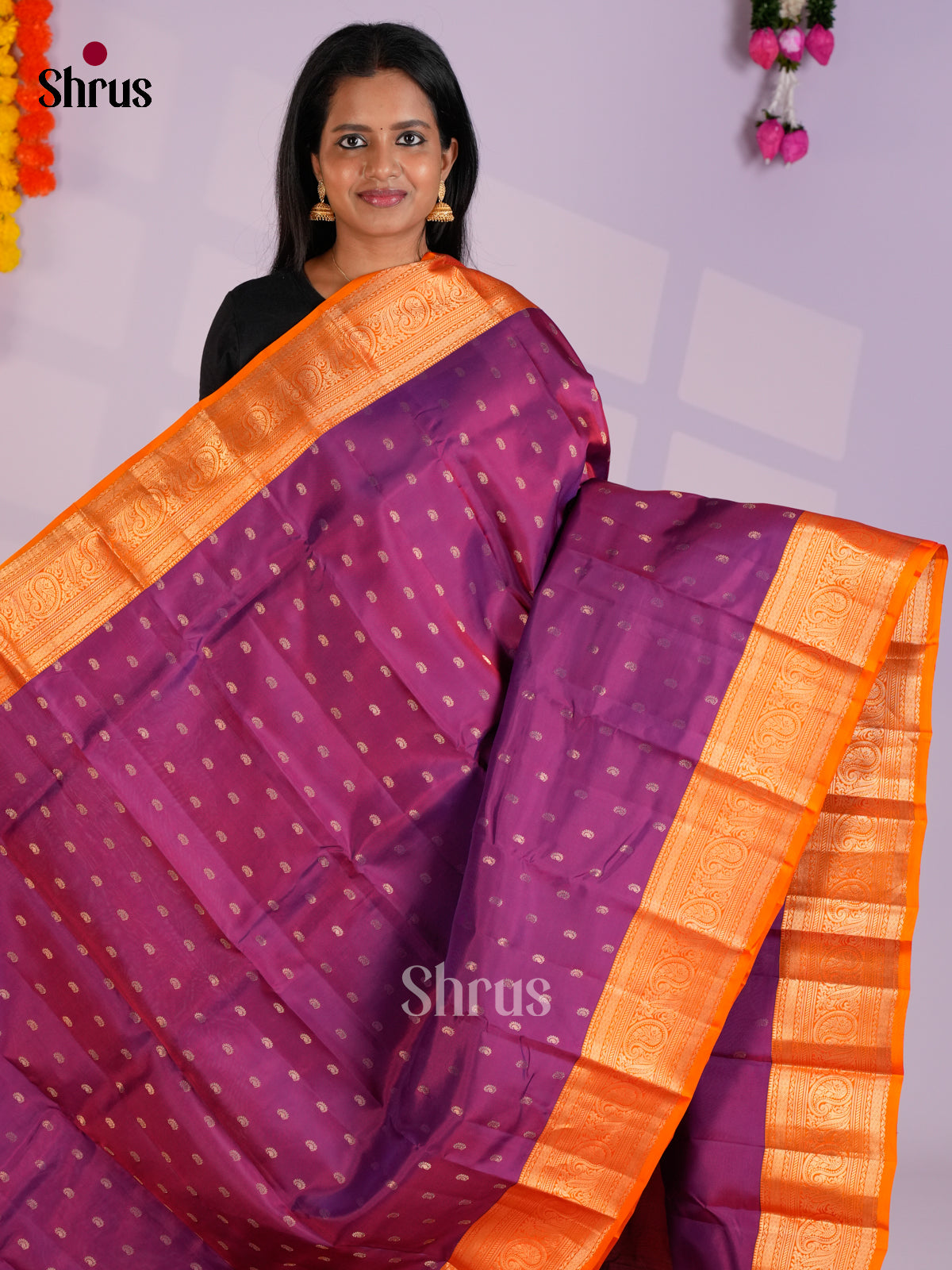 Purple & Orange  - Kanchipuram-halfpure Saree- EAS09028 - Shop on Shrus.com