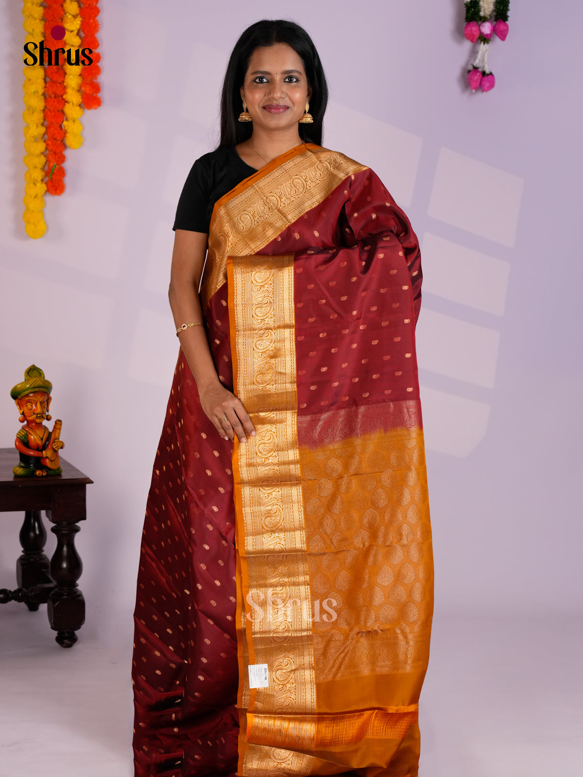 Maroon & Mustard - Kanchipuram-halfpure Saree- EAS09029 - Shop on Shrus.com