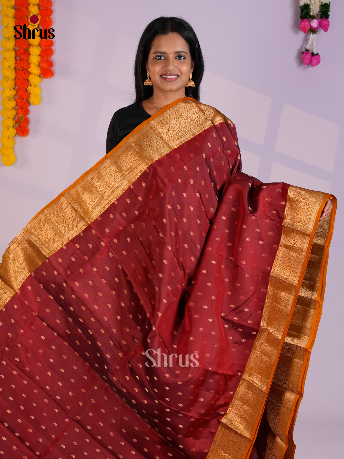 Maroon & Mustard - Kanchipuram-halfpure Saree- EAS09029 - Shop on Shrus.com