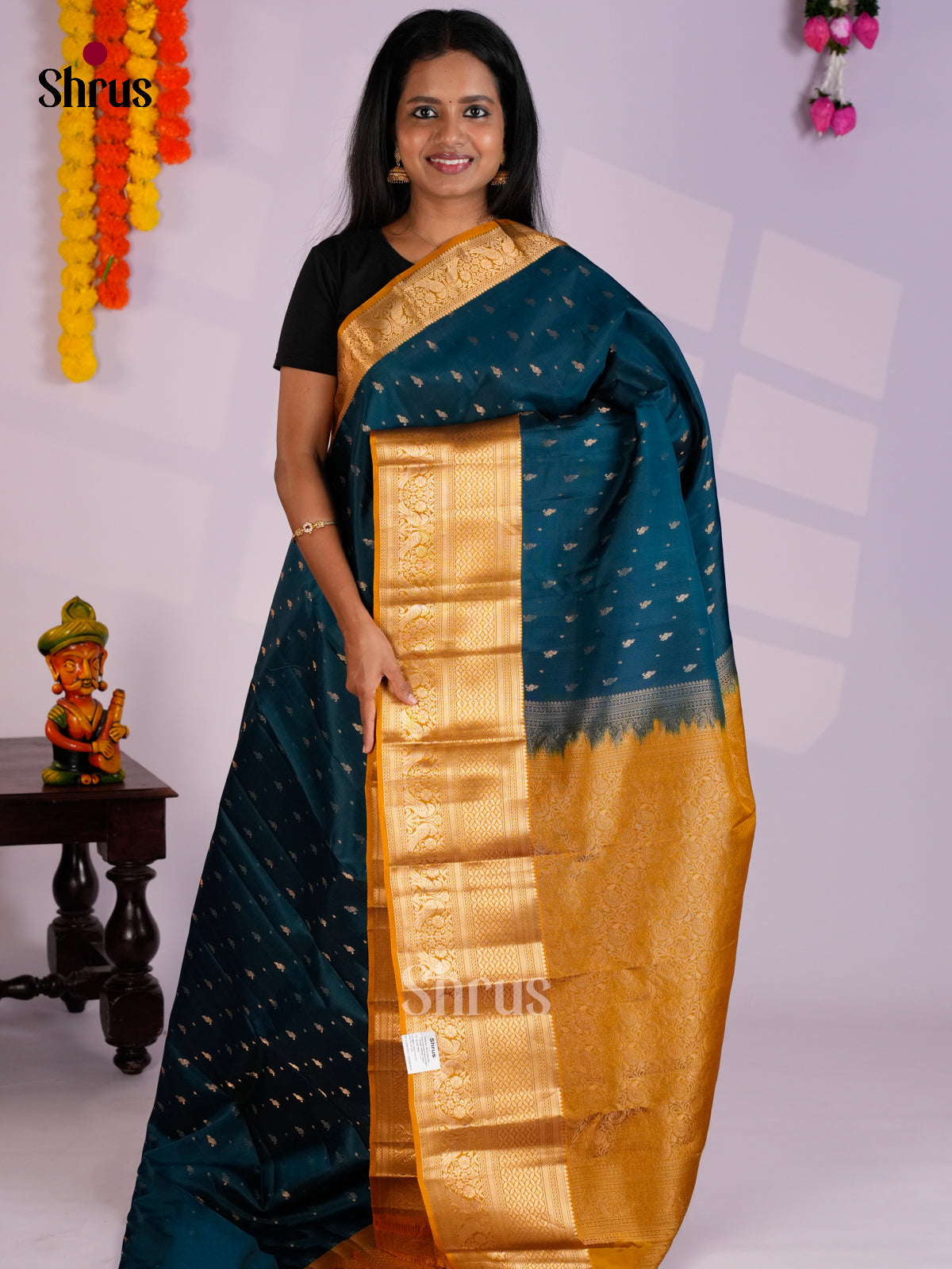 Peacock Blue & Mustard - Kanchipuram-halfpure Saree-EAS09031 - Shop on Shrus.com