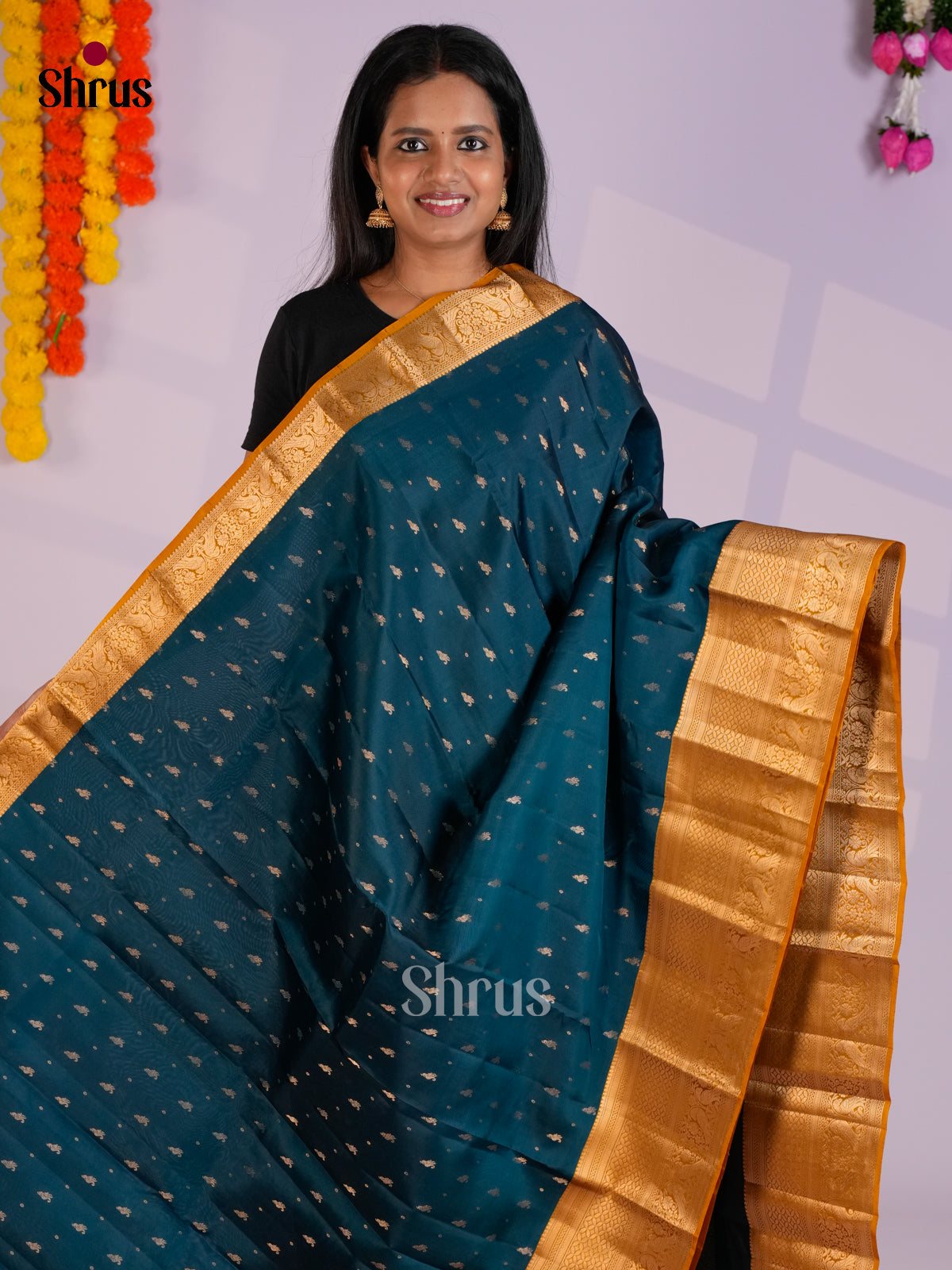 Peacock Blue & Mustard - Kanchipuram-halfpure Saree-EAS09031 - Shop on Shrus.com