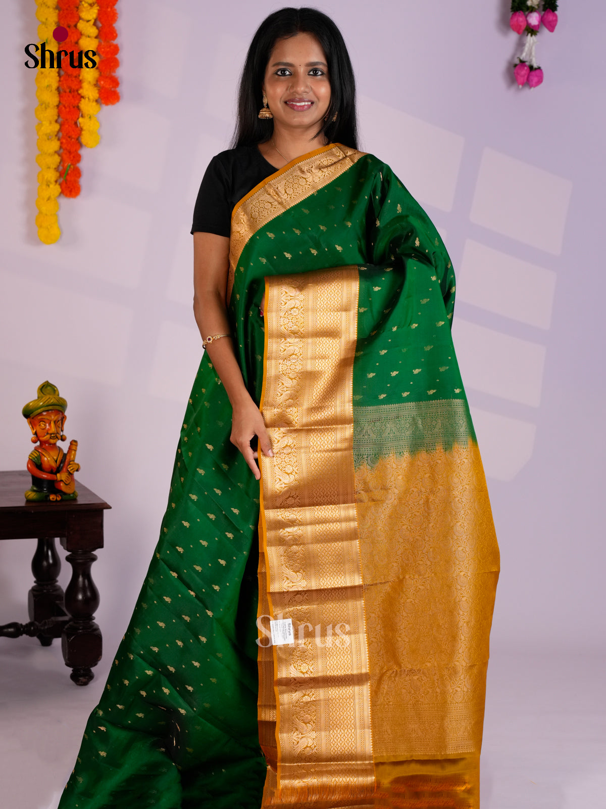 Green & Mustard - Kanchipuram-halfpure Saree- EAS09032 - Shop on Shrus.com