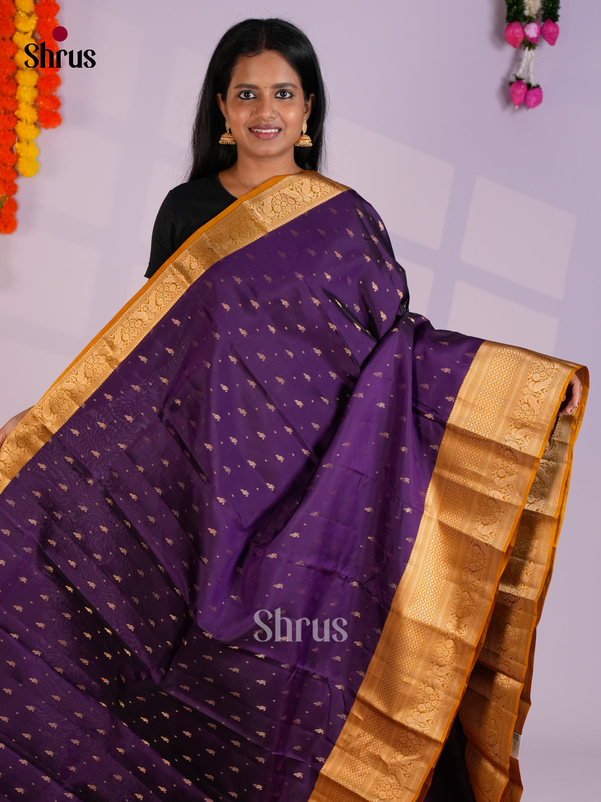 Violet & Mustard  - Kanchipuram-halfpure Saree- EAS09033 - Shop on Shrus.com