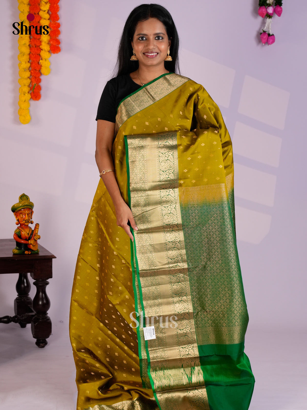 Mustardy Green & Green  - Kanchipuram-halfpure Saree- EAS09036 - Shop on Shrus.com