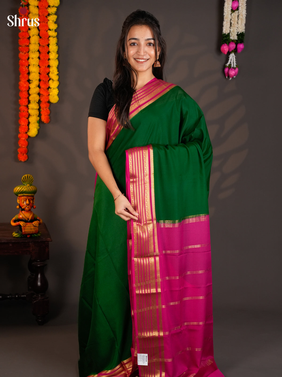 Classy Green & Pink  Mysore Silk Saree with contrast zari striped border- EAS09119