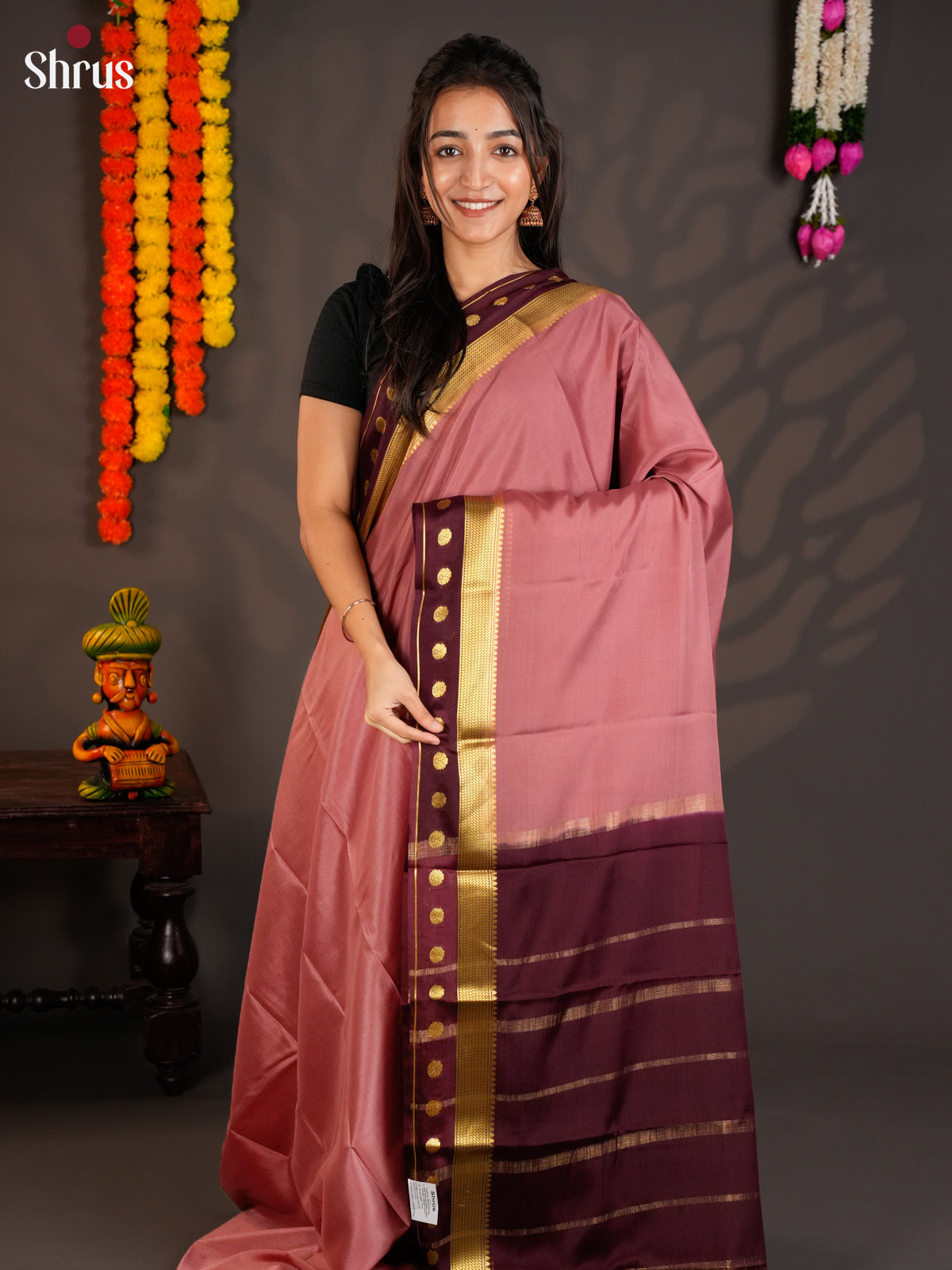 Charming Onion Pink & Maroon Mysore Silk Saree with contrast zari border - EAS09148