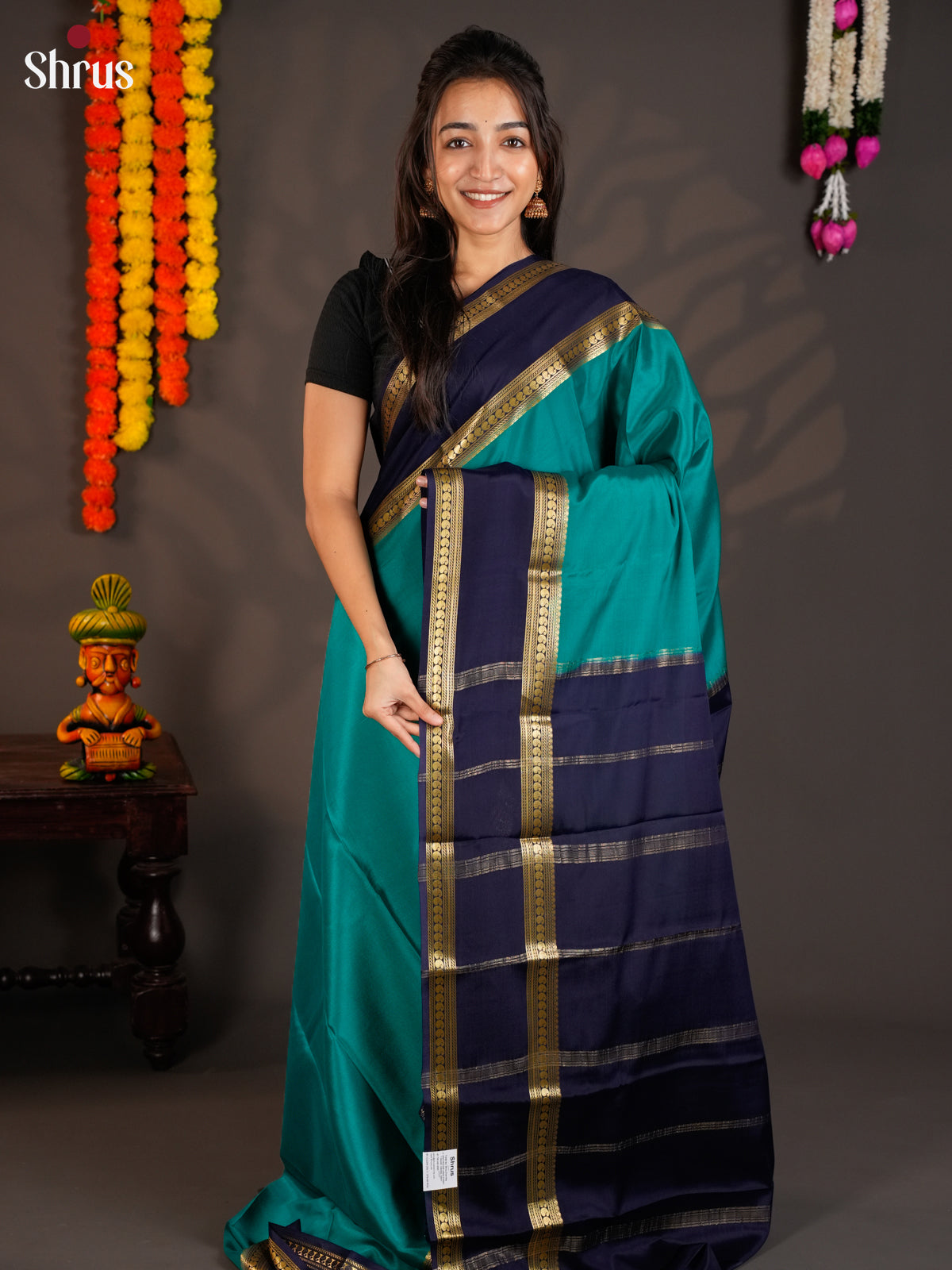 Serene Green & Navy Blue Mysore Silk Saree  with rettaipet zari border- EAS09151