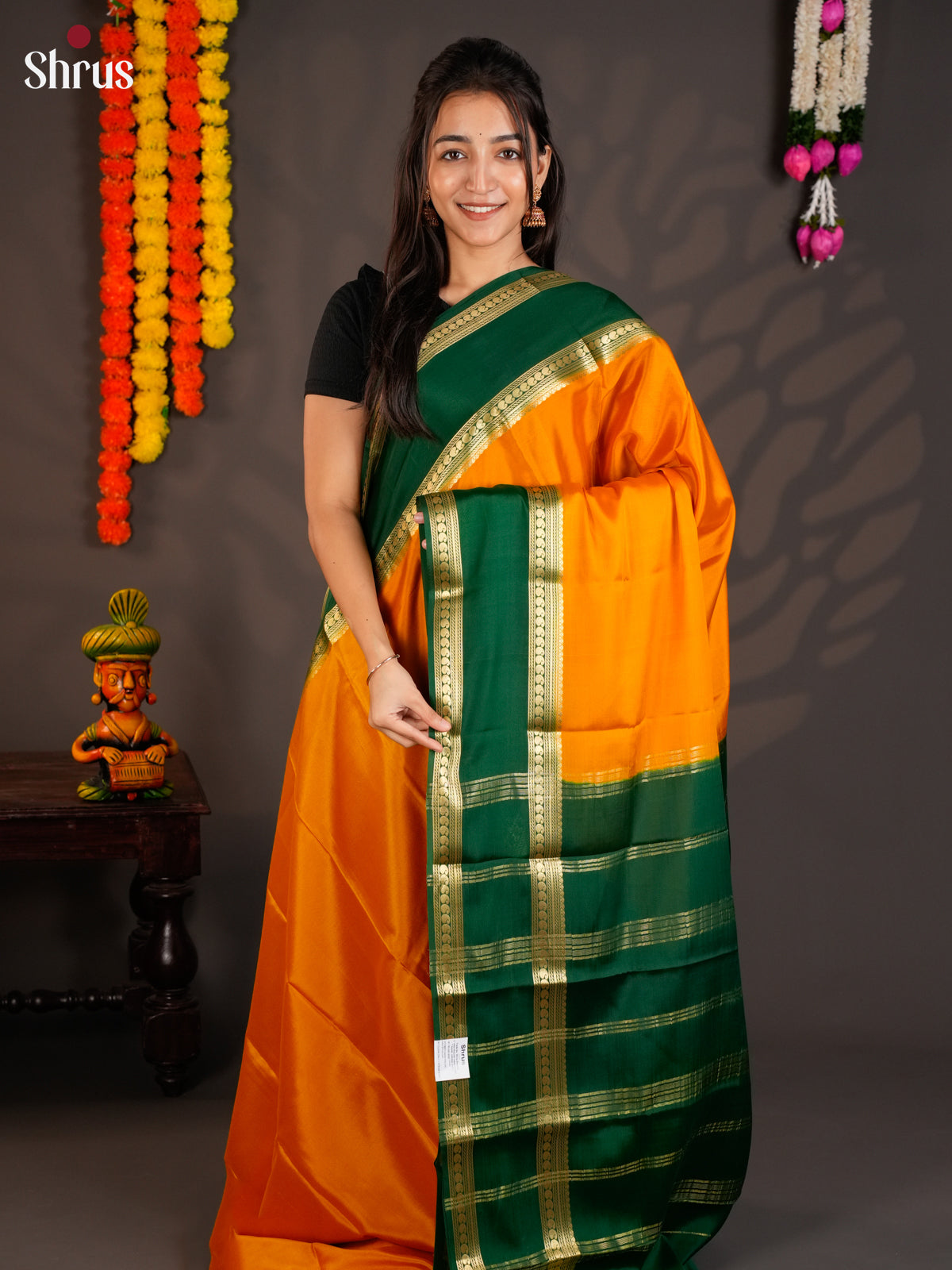 Radiant Mango Yellow & Green Mysore Silk Saree with rettaipet zari border-EAS09154