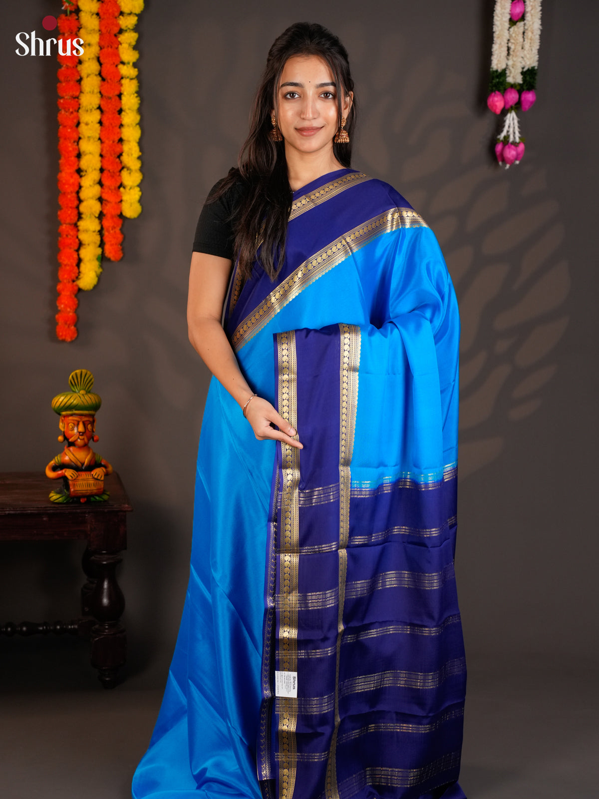 Celestial Sky Blue & Blue Mysore Silk Saree with rettaipet zari border -  EAS09162