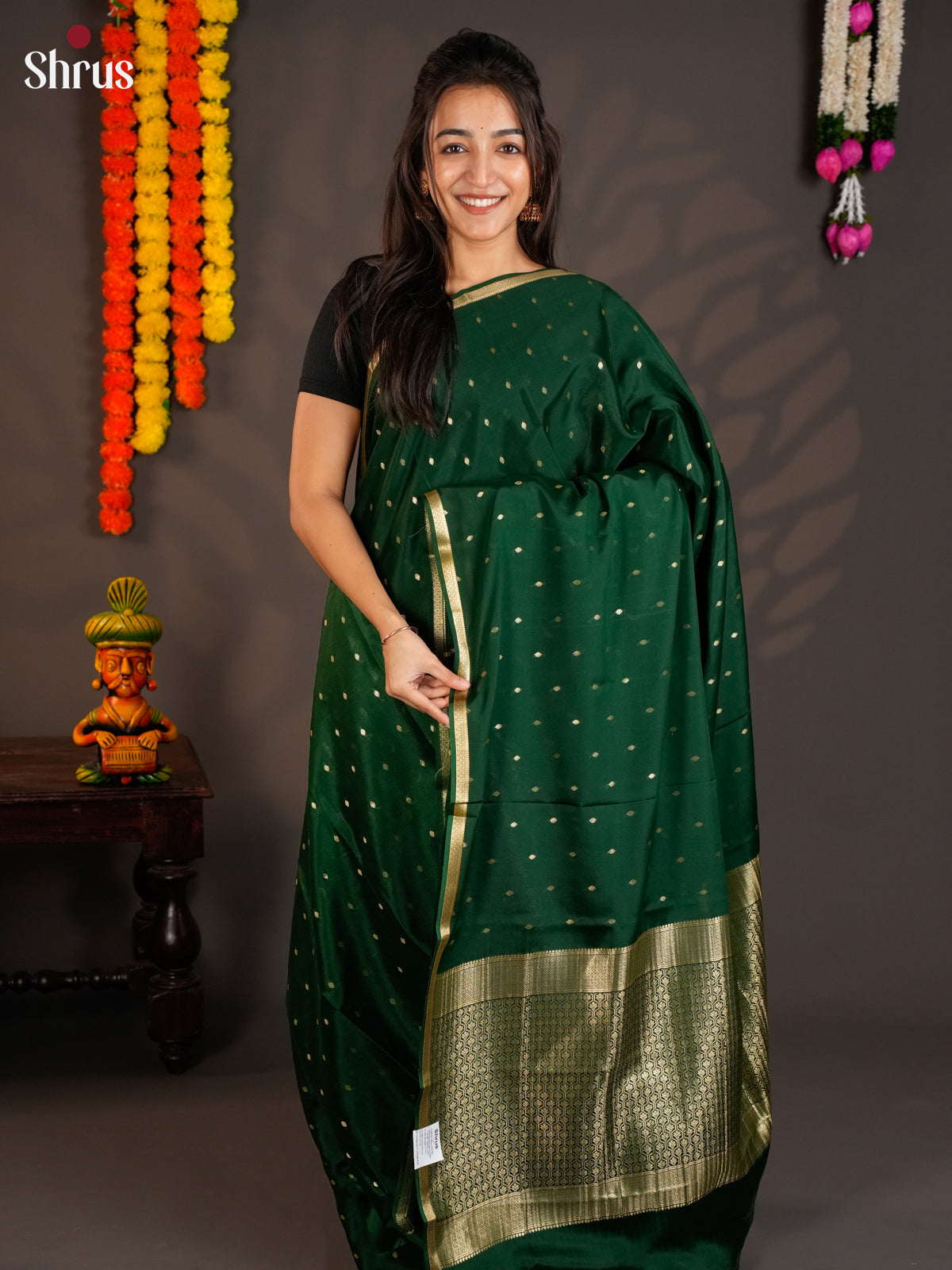 Classy Green  Mysore Silk Saree with zari brocade pallu -EAS09165