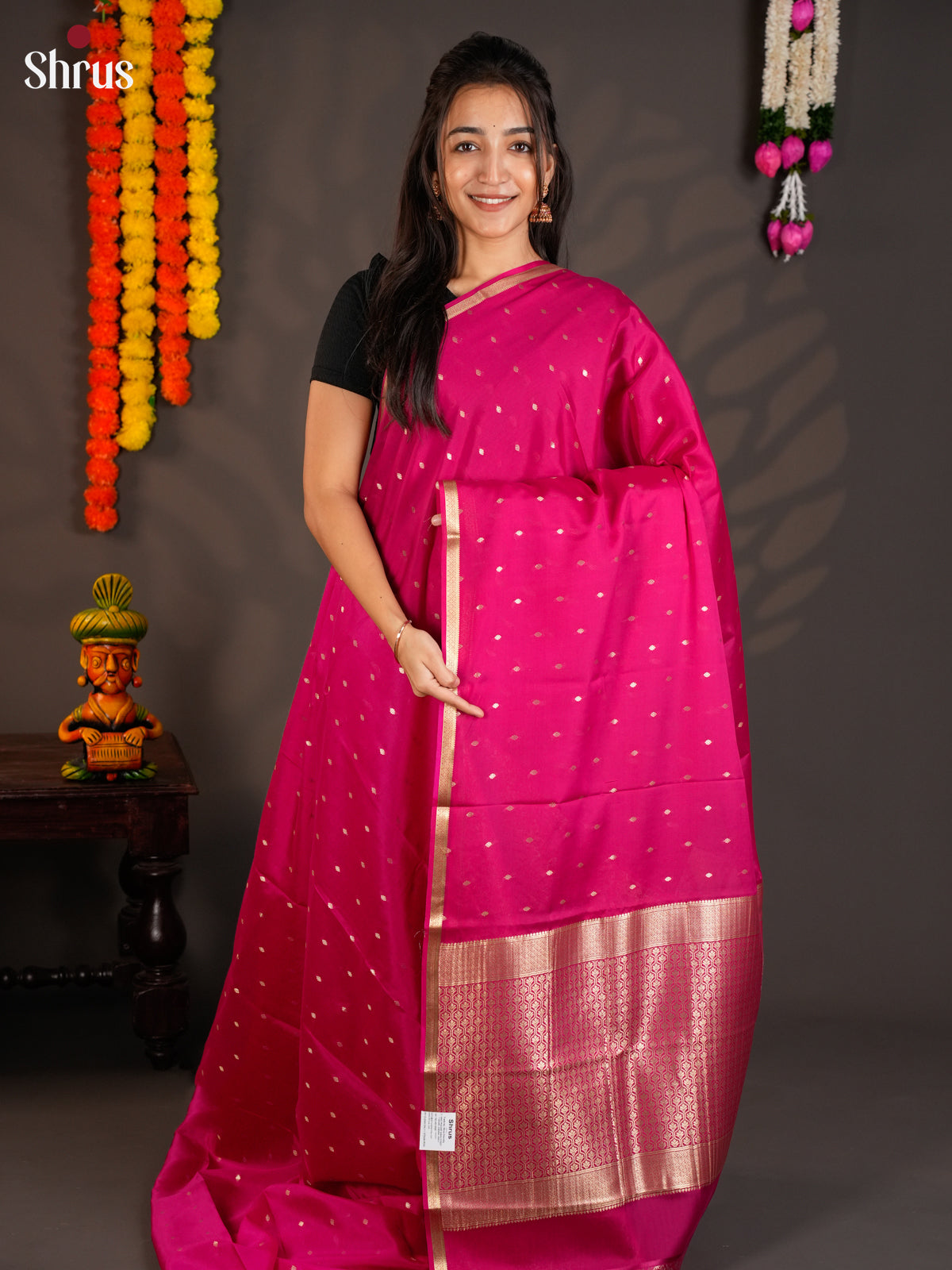 Charming Pink single Tone Mysore Silk Saree with zari buttas - EAS09166