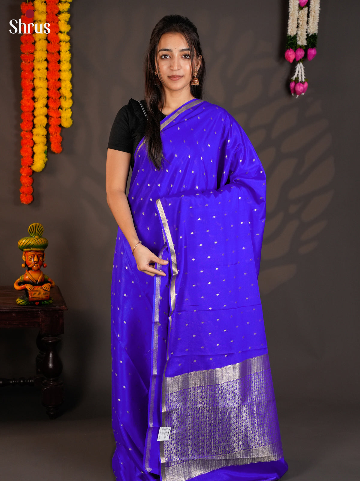 Vibrant Blue Mysore Silk Saree with zari buttas - EAS09168 - Shop on Shrus.com