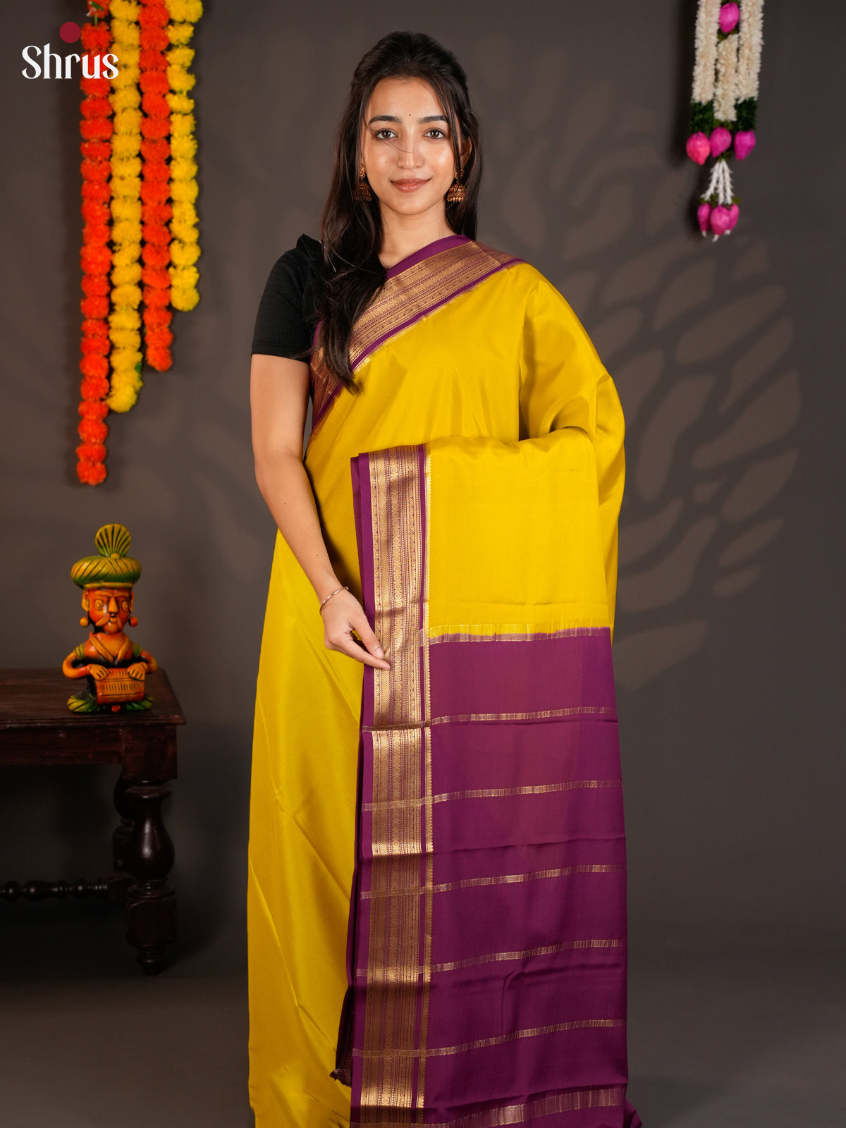 Luminous Yellow & Wine Mysore Silk Saree with zari border- EAS09170 - Shop on Shrus.com