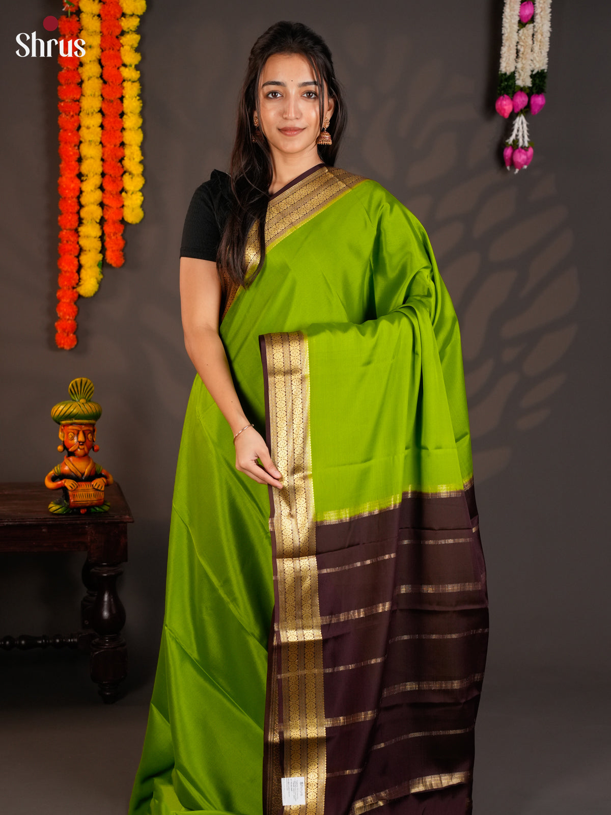 Pretty light Green & Brown Mysore Silk Saree with zari border  EAS09182 - Shop on Shrus.com