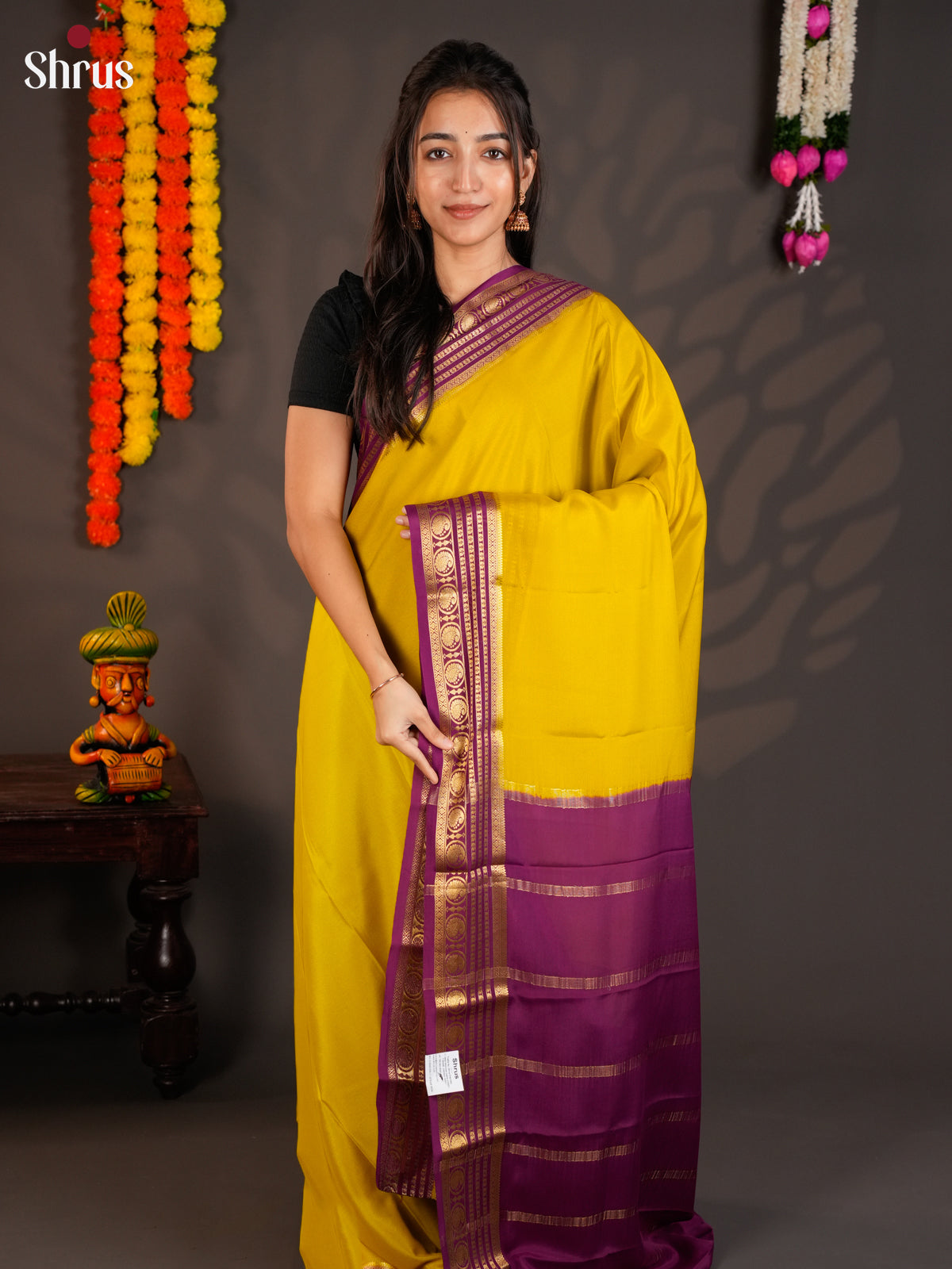 Bright Yellow & Purple Mysore Silk Saree  with zari striped border -EAS09193 - Shop on Shrus.com